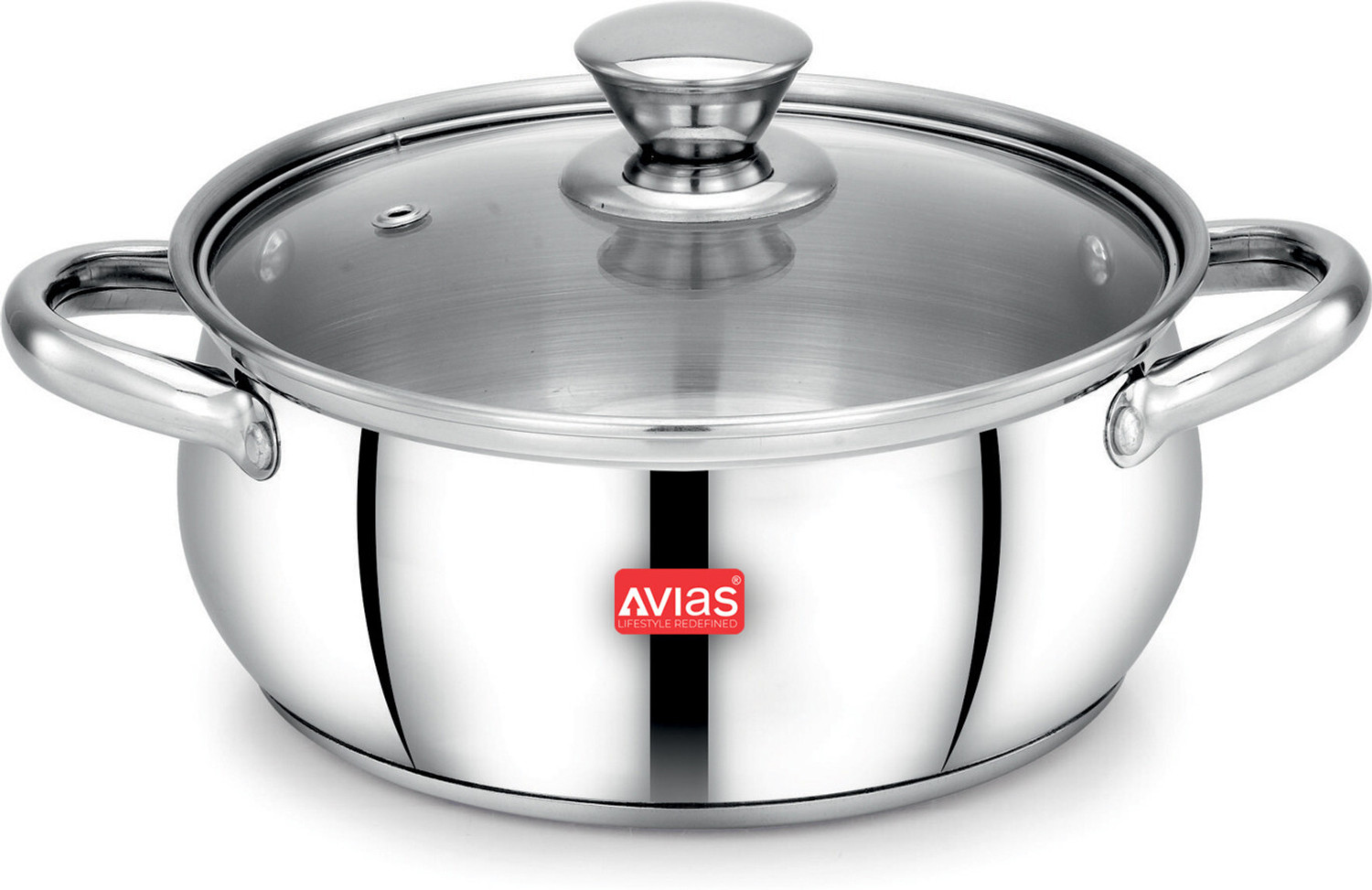 Image of AVIAS IB Belly Cookpot with Glass Lid /Gas Stove Friendly /Rust-Resistant Cookware Pot 18 cm diameter 2.25 L capacity with Lid (Stainless Steel, Induction Bottom)