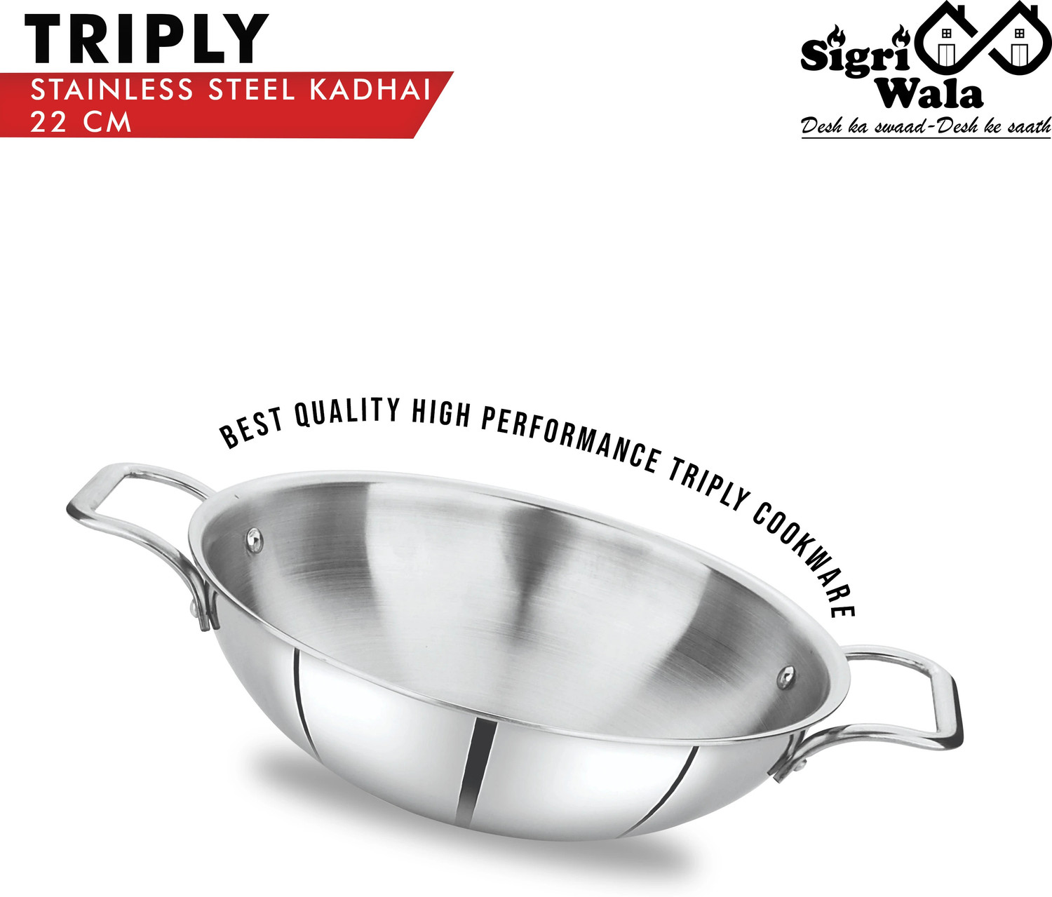 Image of Kraft Stainless Steel Futuretec Triply Stainless Steel Extra Deep Kadhai 24 cm diameter with Lid 3.3 L capacity (Stainless Steel, Induction Bottom)