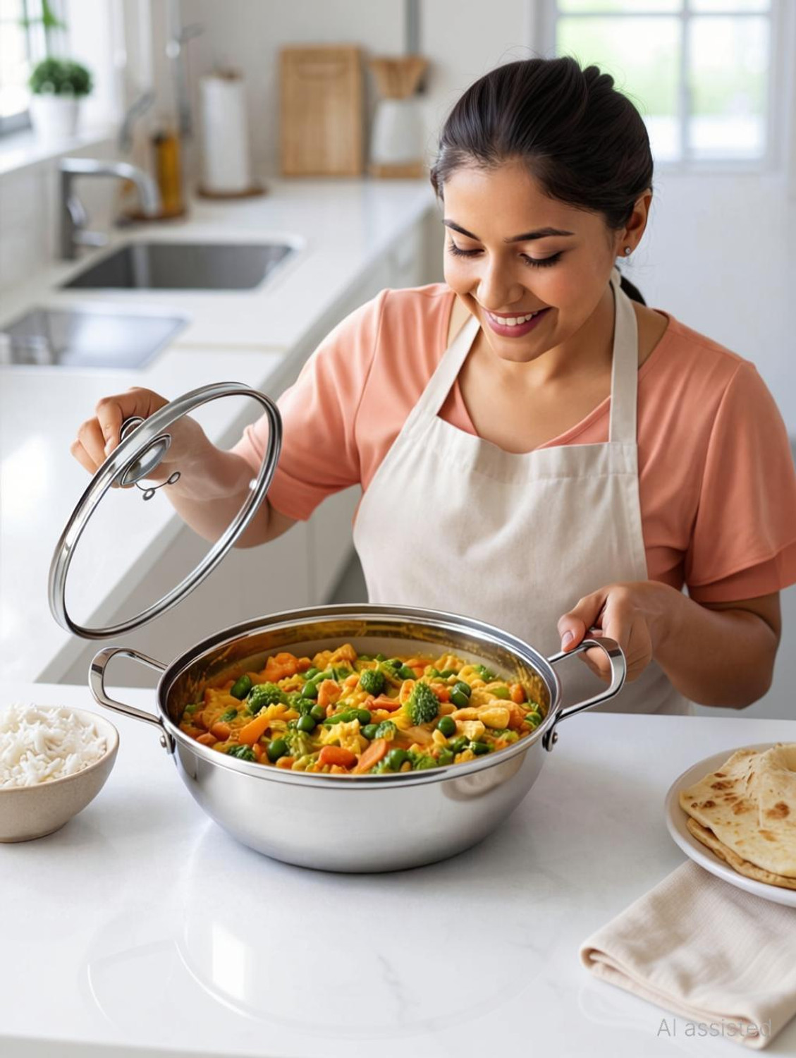 Image of BLkitchenmart Copper Bottom kadai Cooking Stainless Steel Bottom Pot Pans for Frying Kadhai 26 cm diameter 3 L capacity (Stainless Steel, Induction Bottom)