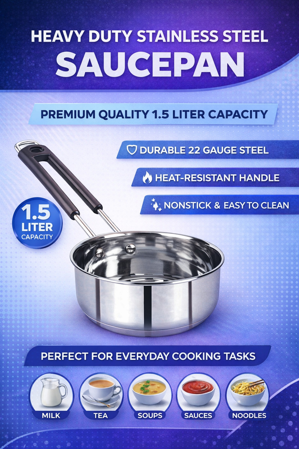 Image of BERTOL KITCHENWARE Stainless Steel Flat Base Belly Saucepan With Steel Lid Sauce Pan 18 cm diameter with Lid 1.5 L capacity (Stainless Steel)