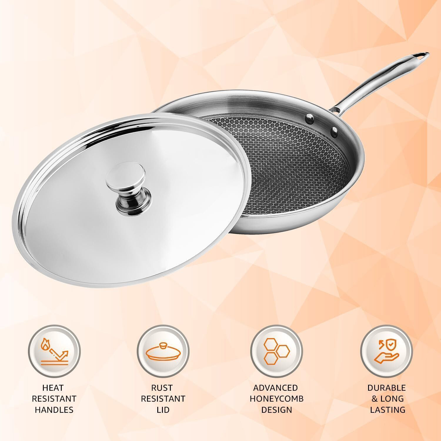 Image of Aramex Non-Stick Honeycomb Triply Stainless Fry Pan 26 cm diameter with Lid 2.3 L capacity (Triply, Non-stick, Induction Bottom)
