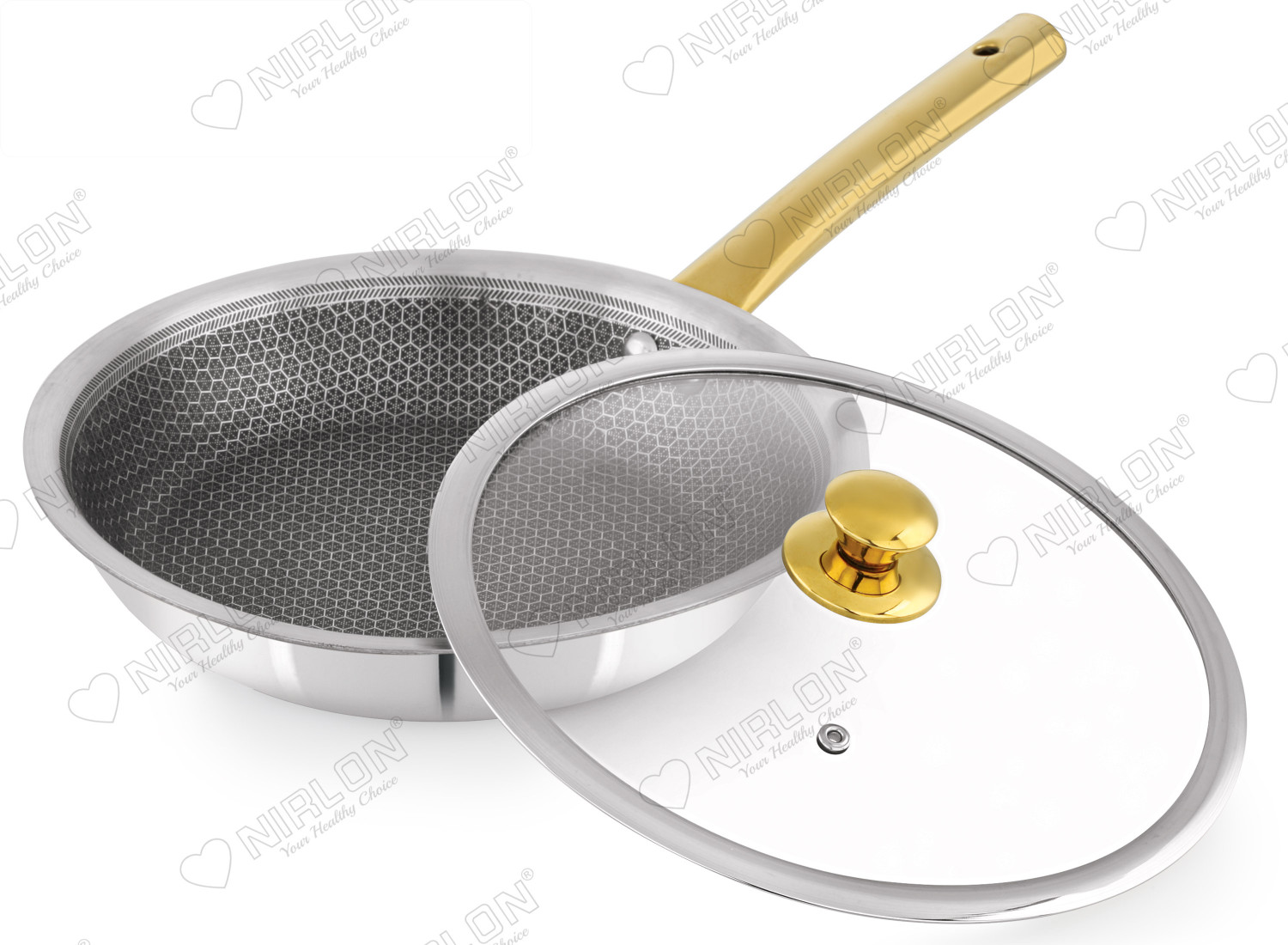 Image of Aramex Non-Stick Honeycomb Triply Stainless Fry Pan 26 cm diameter with Lid 2.3 L capacity (Triply, Non-stick, Induction Bottom)