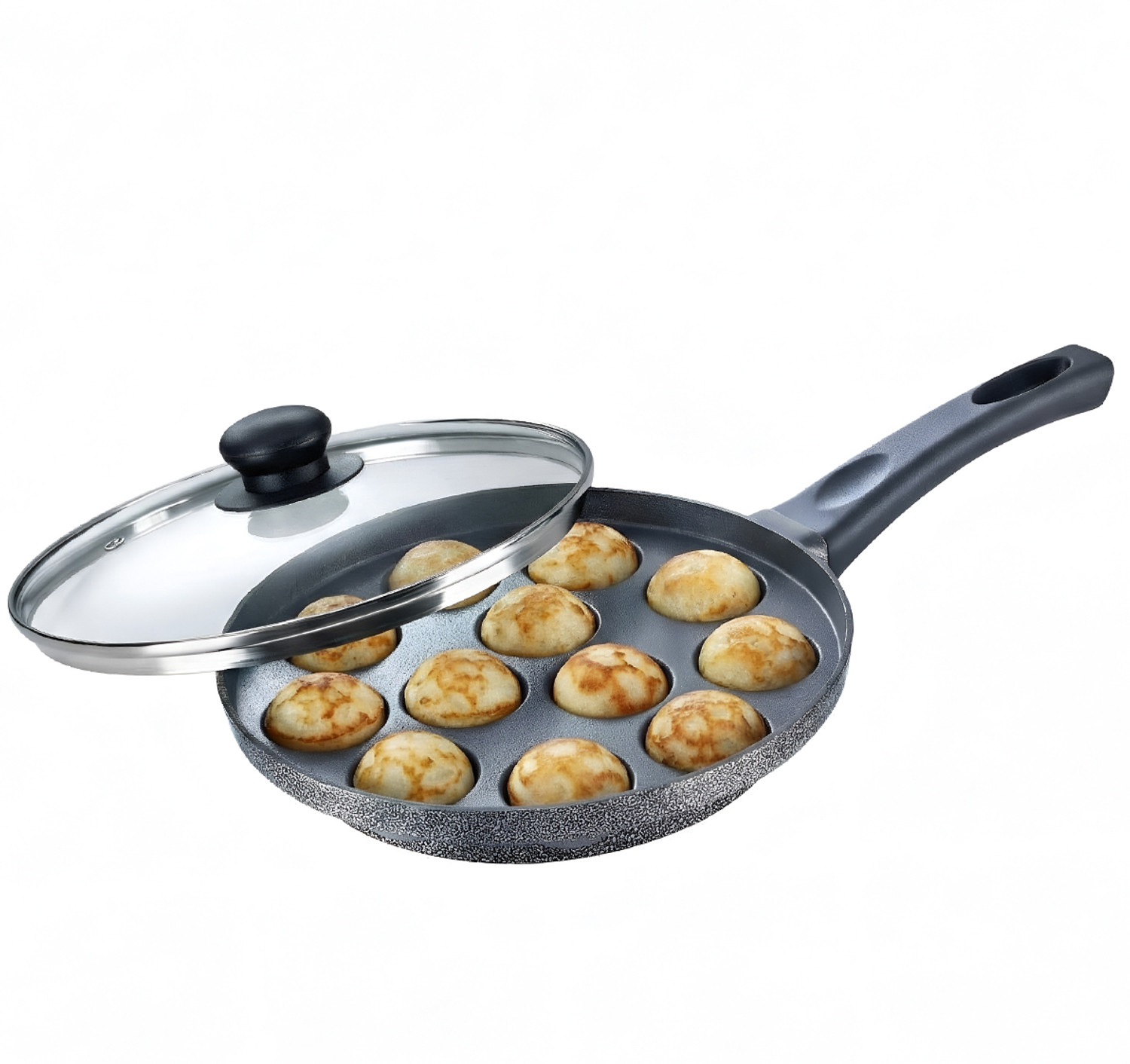 Image of VARUDI cast iron appam pan appe maker cast iron 12 cavity induction base non stick Pot 30 cm diameter 12 L capacity (Cast Iron, Non-stick, Induction Bottom)