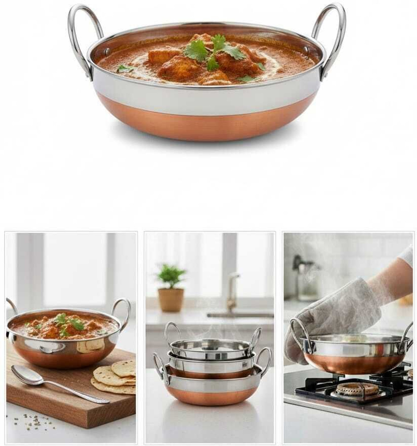 Image of BLkitchenmart Copper Bottom kadai Cooking Stainless Steel Bottom Pot Pans for Frying Kadhai 26 cm diameter 3 L capacity (Stainless Steel, Induction Bottom)