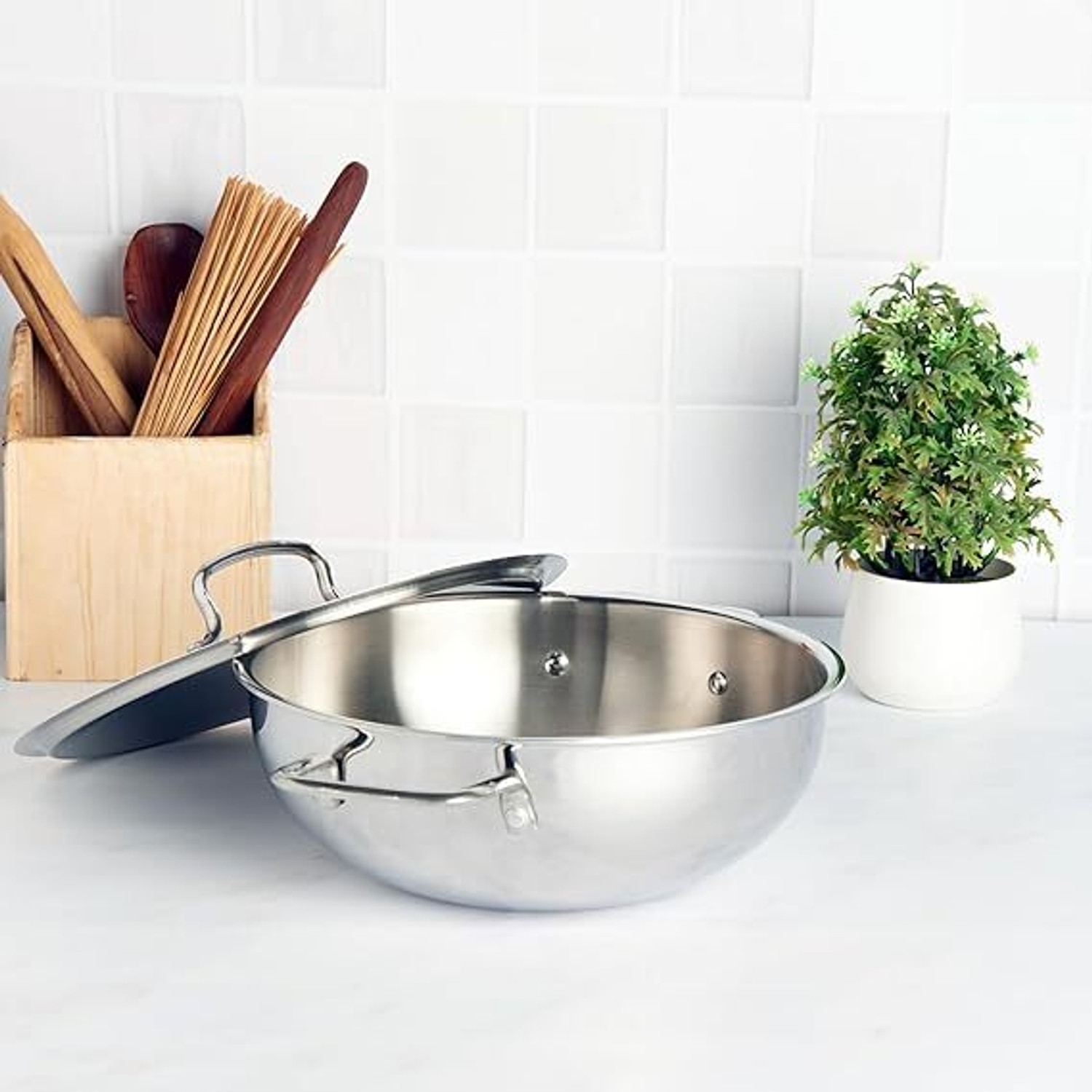 Image of Kraft Stainless Steel Futuretec Triply Stainless Steel Extra Deep Kadhai 24 cm diameter with Lid 3.3 L capacity (Stainless Steel, Induction Bottom)