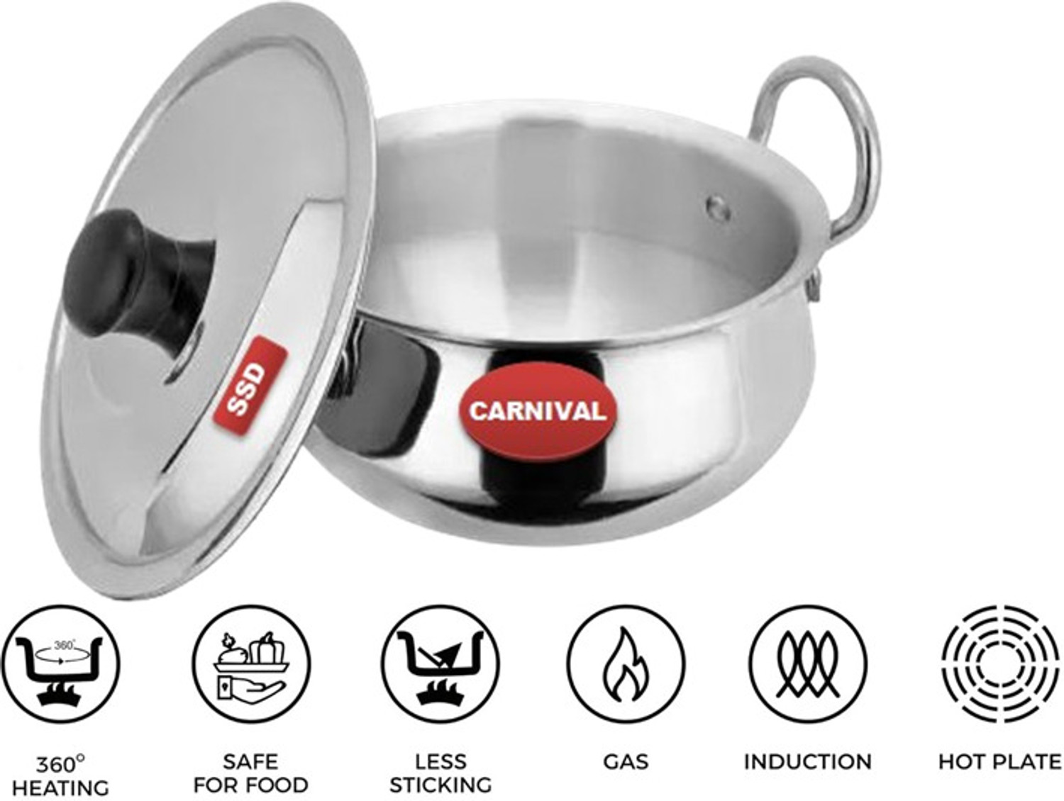 Image of CARNIVAL Aluminium Handi /Biryani Pot /Pot Pan With Stainless Steel Lid Handi 4 L with Lid (Aluminium, Induction Bottom)