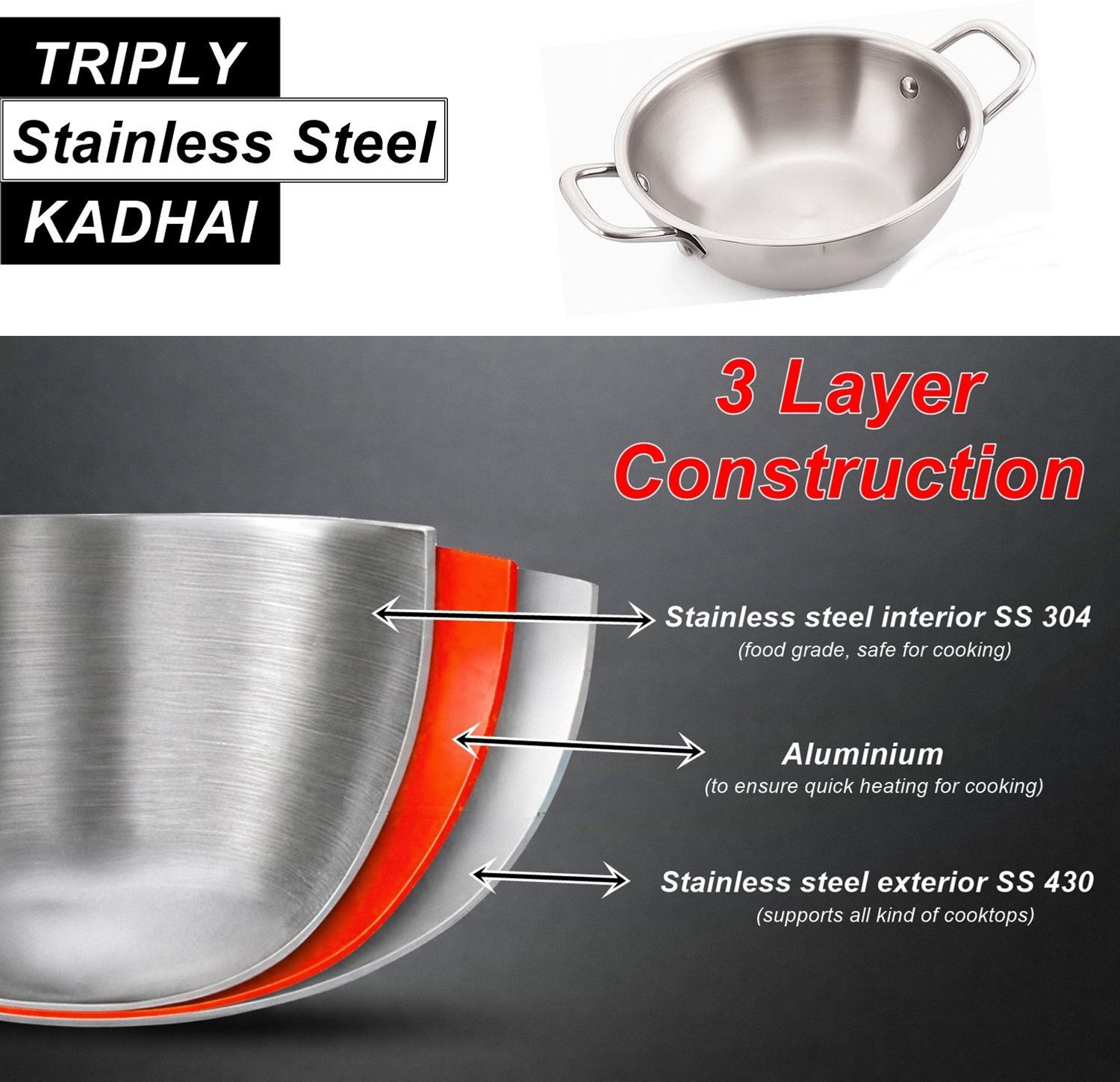 Image of DesiMaa Triply Stainless Steel kadhai 26 cm Kadhai 26 cm diameter 3 L capacity (Triply, Induction Bottom)