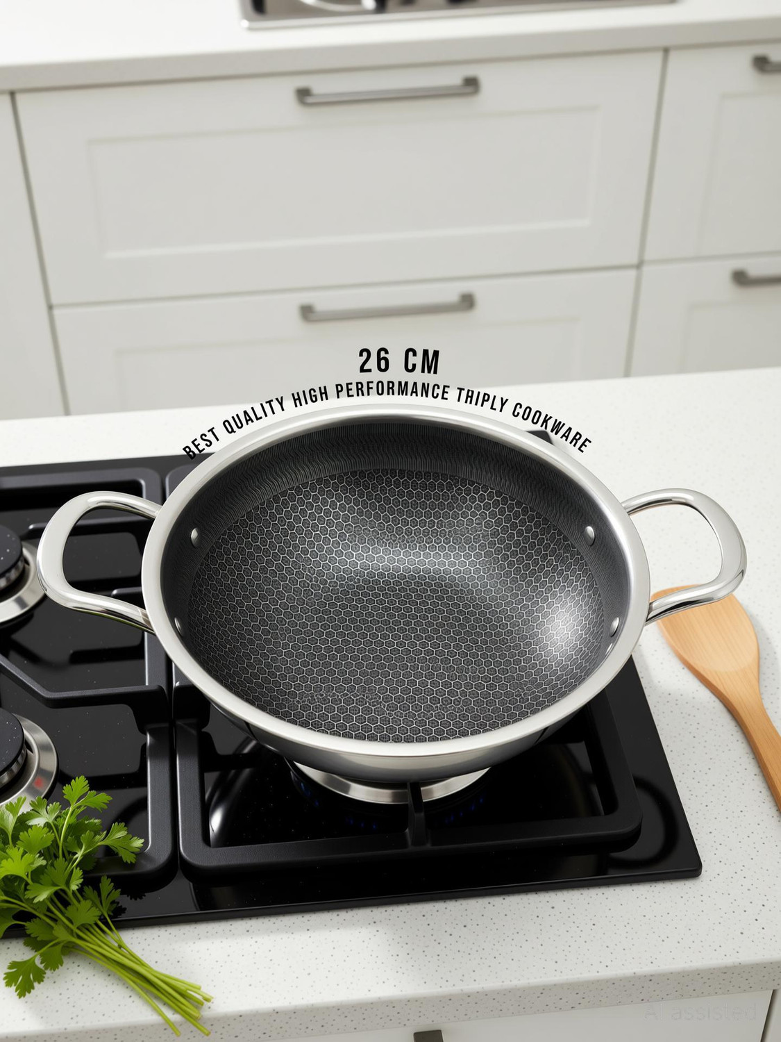 Image of Aramex Non-Stick Honeycomb Triply Stainless Fry Pan 26 cm diameter with Lid 2.3 L capacity (Triply, Non-stick, Induction Bottom)