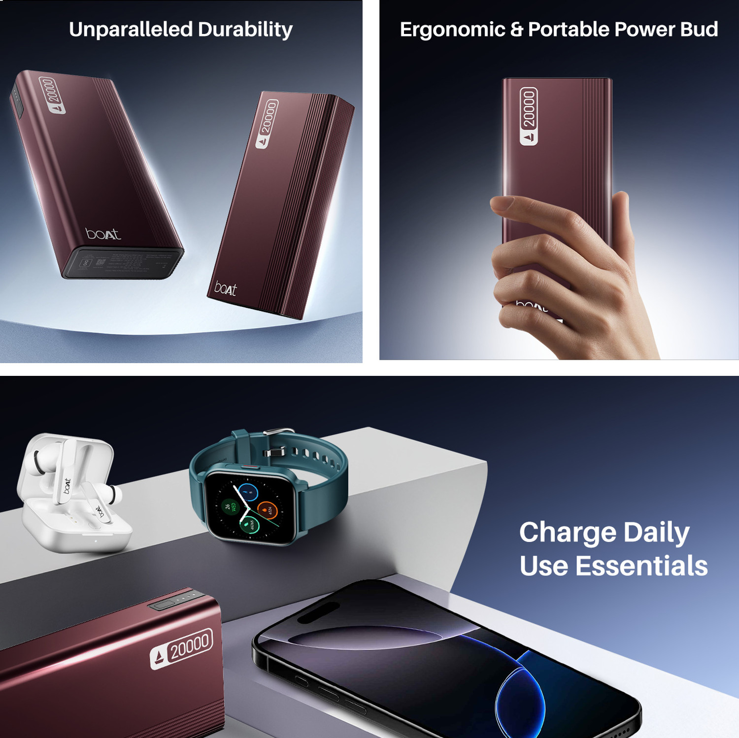 Image of boAt 20000 mAh 22.5 W Compact Power Bank (Wine Red, Lithium-ion, Fast Charging, Quick Charge 3.0 for Mobile, Tablet, Earbuds)