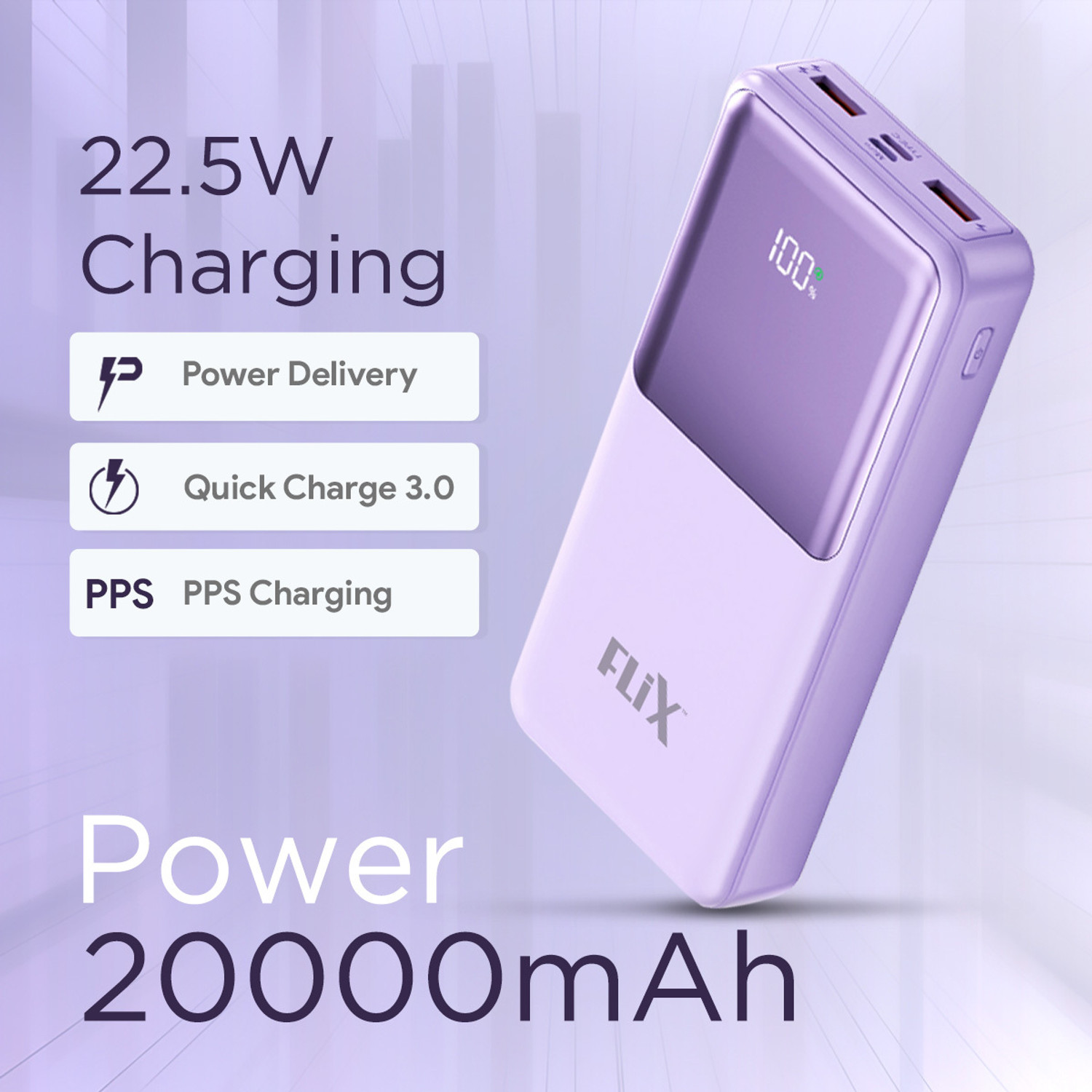 Image of flix 20000 mAh Power Bank (Purple, Lithium Polymer, for Mobile, Tablet, Speaker, Smartwatch, Earbuds)
