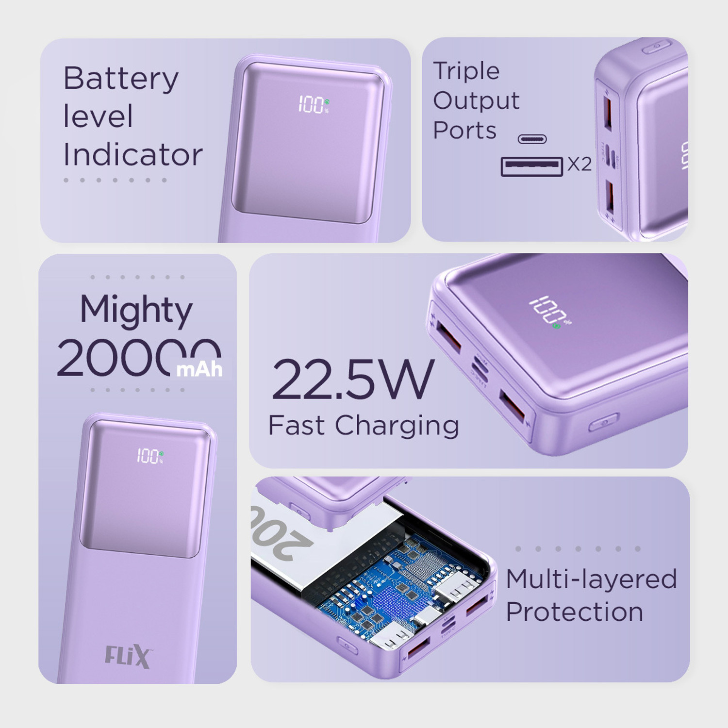 Image of flix 20000 mAh Power Bank (Purple, Lithium Polymer, for Mobile, Tablet, Speaker, Smartwatch, Earbuds)