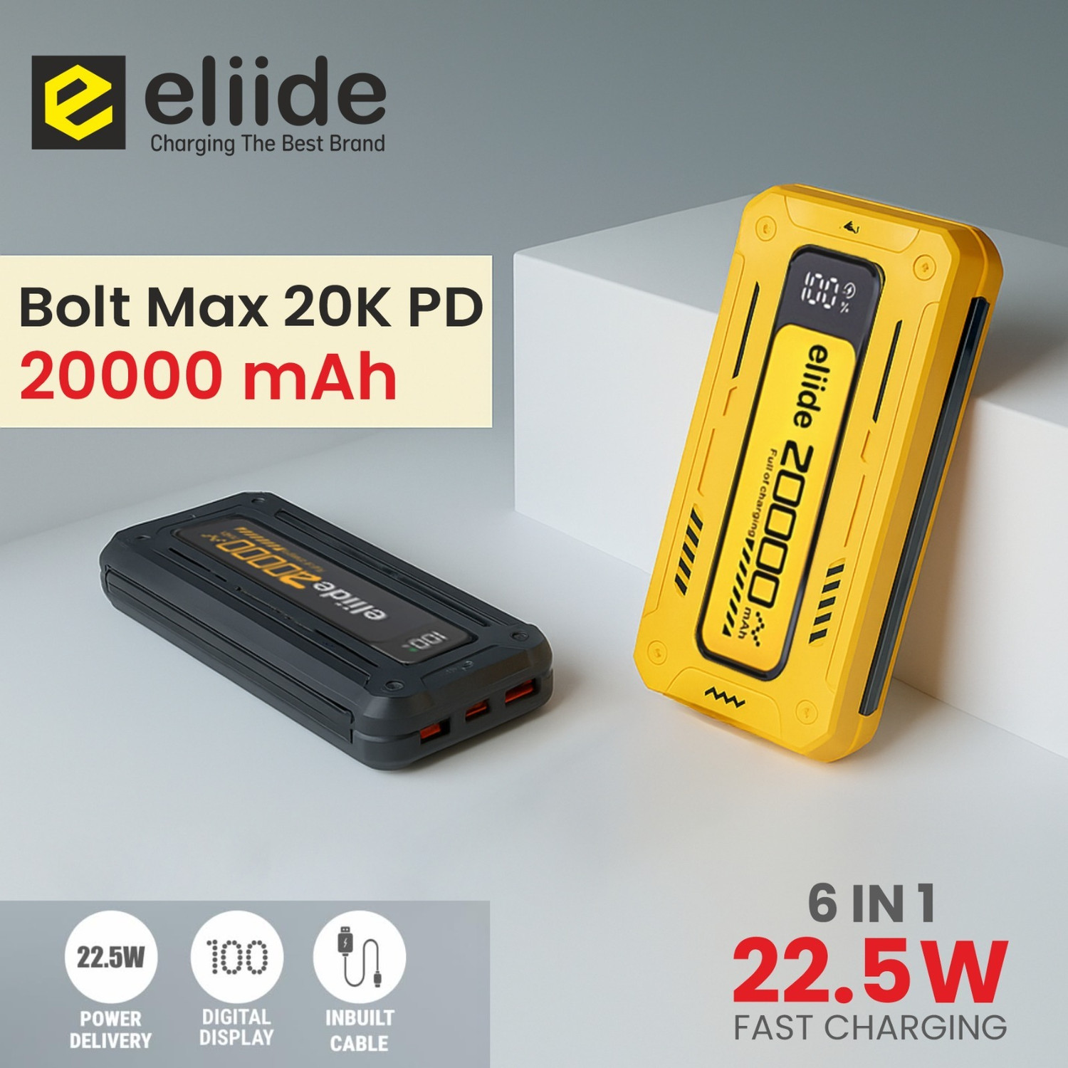 Image of ELIIDE 20000 mAh 22.5 W Compact Pocket Size Power Bank (Black, Orange, Lithium Polymer, Power Delivery 2.0, Fast Charging for Mobile, Tablet, Smartwatch)
