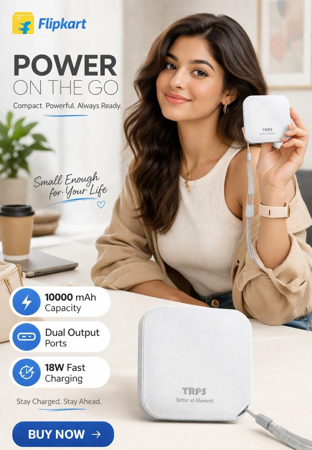 Image of TRPS 10000 mAh 22 W Mini Pocket Size Power Bank (White, Lithium-ion, Fast Charging for Mobile)