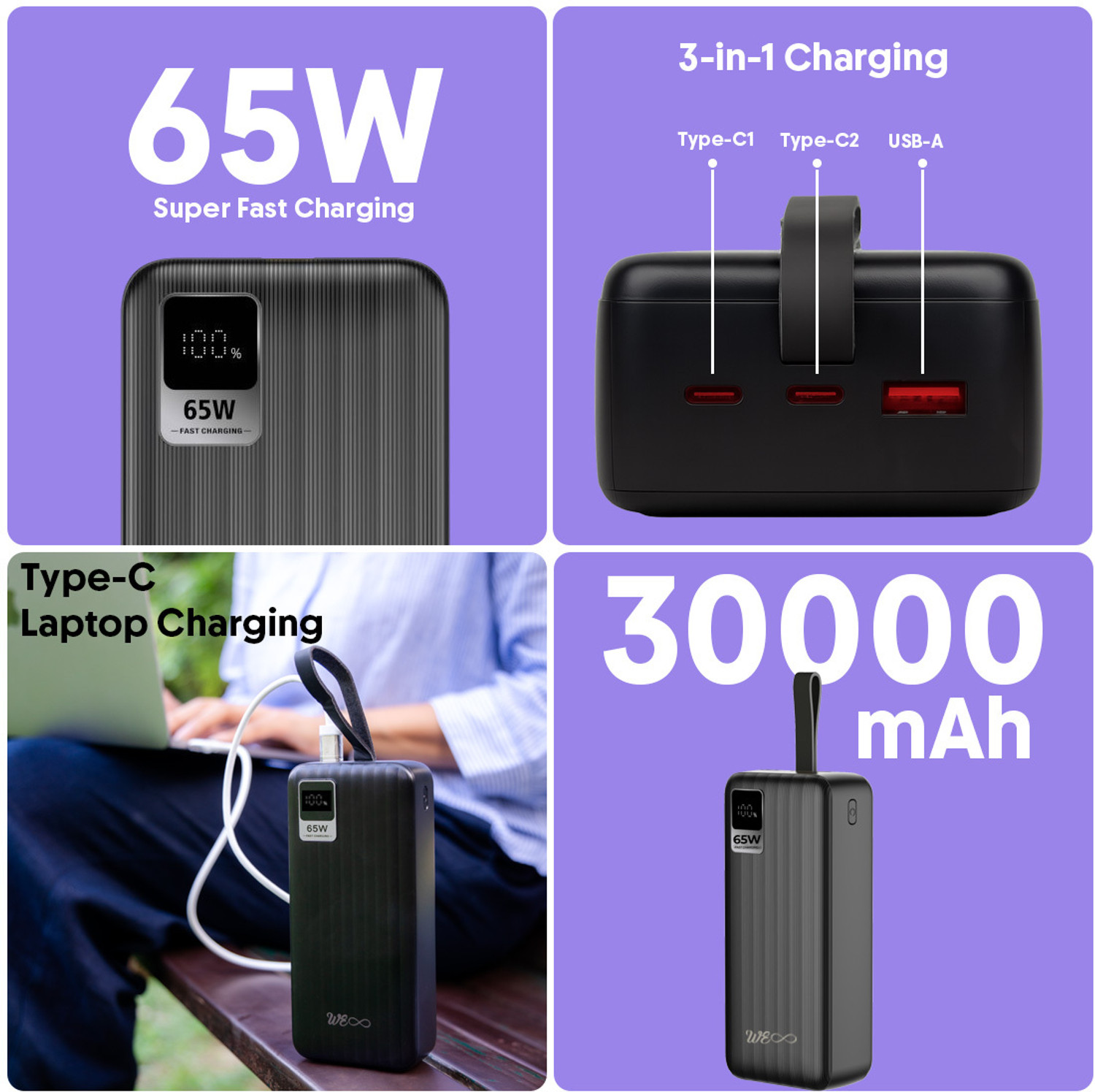 Image of Walta Elite 30000 mAh 65 W Power Bank (Black, Lithium Polymer, Fast Charging for Mobile, Earbuds, Laptop, Smartwatch)