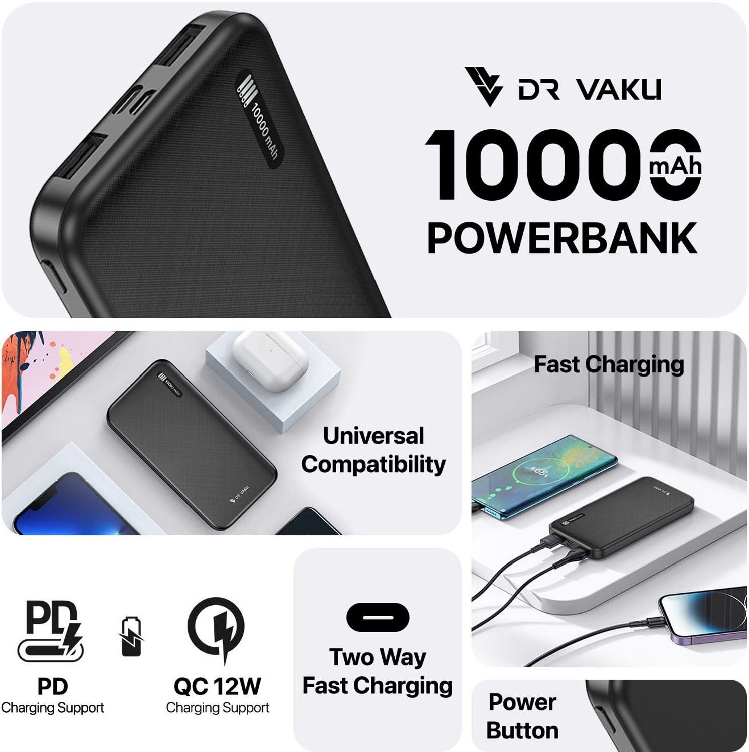 Image of DR VAKU 10000 mAh Slim Pocket Size Power Bank (Dual Input (Type-C + Micro) & Dual Output, Lithium Polymer, for Mobile)