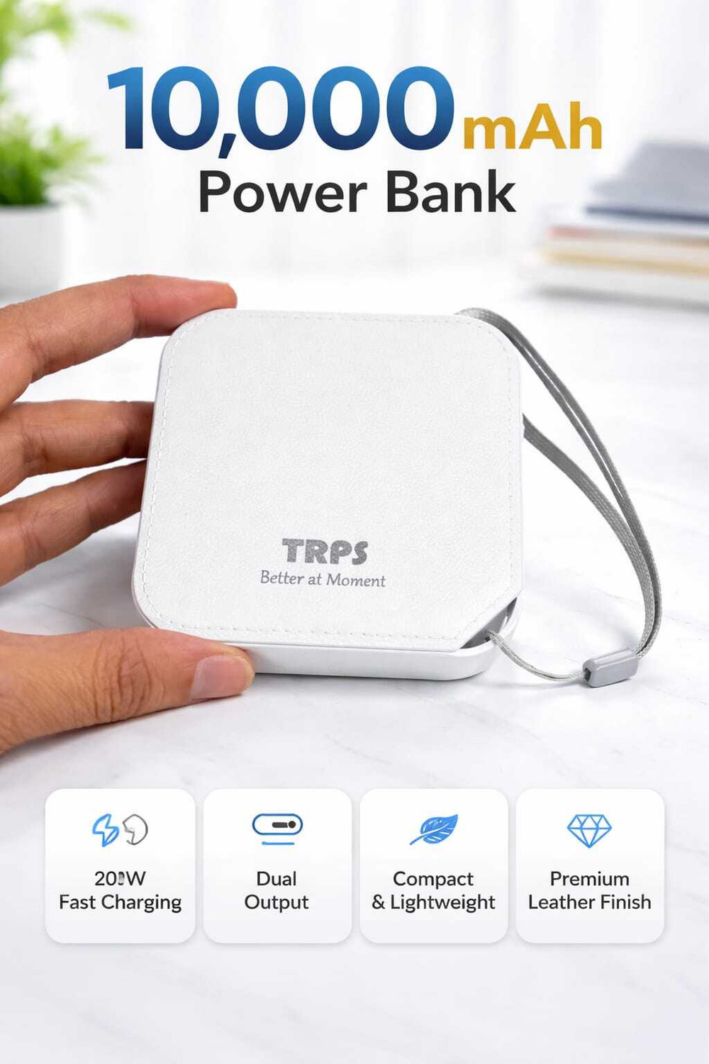 Image of TRPS 10000 mAh 22 W Mini Pocket Size Power Bank (White, Lithium-ion, Fast Charging for Mobile)