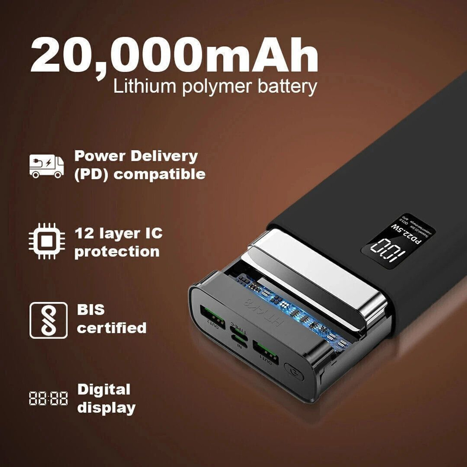 Image of ENERGEEZ 20000 mAh 22.5 W Compact Pocket Size Power Bank (Black, Lithium Polymer, Quick Charge 3.0, Fast Charging, Quick Charge 2.0 for Mobile, Tablet, Smartwatch)