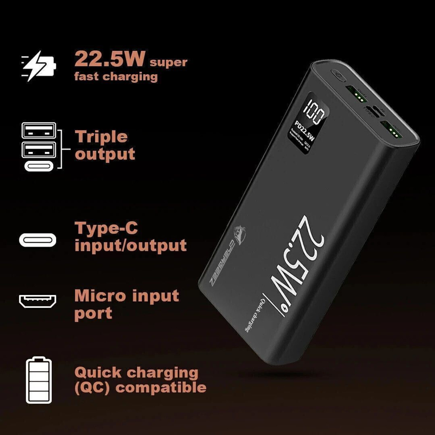 Image of ENERGEEZ 20000 mAh 22.5 W Compact Pocket Size Power Bank (Black, Lithium Polymer, Quick Charge 3.0, Fast Charging, Quick Charge 2.0 for Mobile, Tablet, Smartwatch)