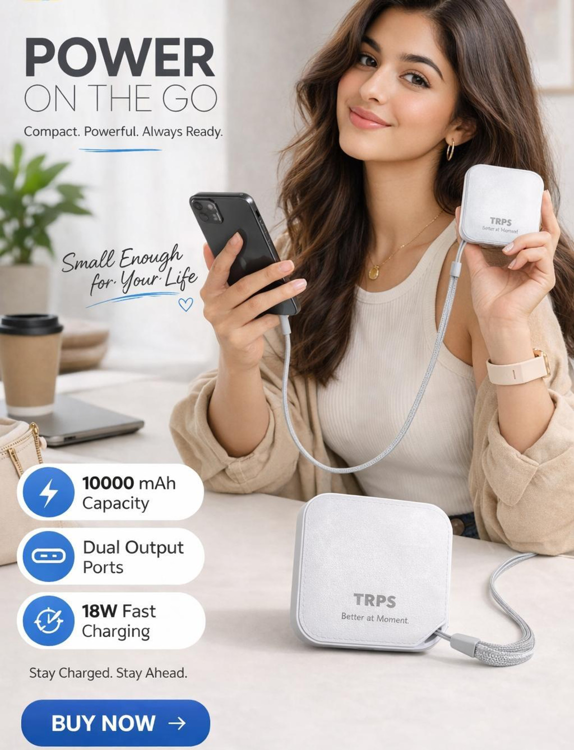 Image of TRPS 10000 mAh 22 W Mini Pocket Size Power Bank (White, Lithium-ion, Fast Charging for Mobile)