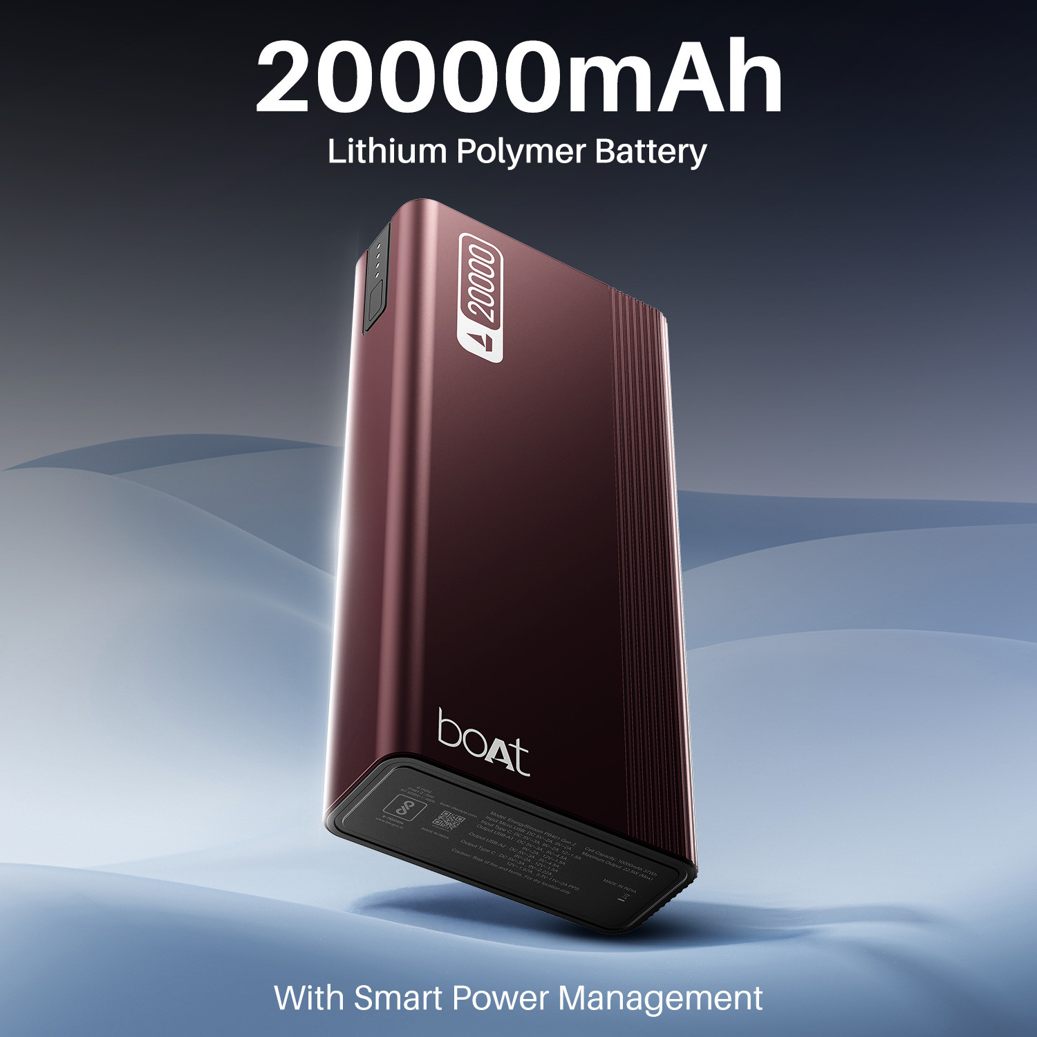 Image of boAt 20000 mAh 22.5 W Compact Power Bank (Wine Red, Lithium-ion, Fast Charging, Quick Charge 3.0 for Mobile, Tablet, Earbuds)