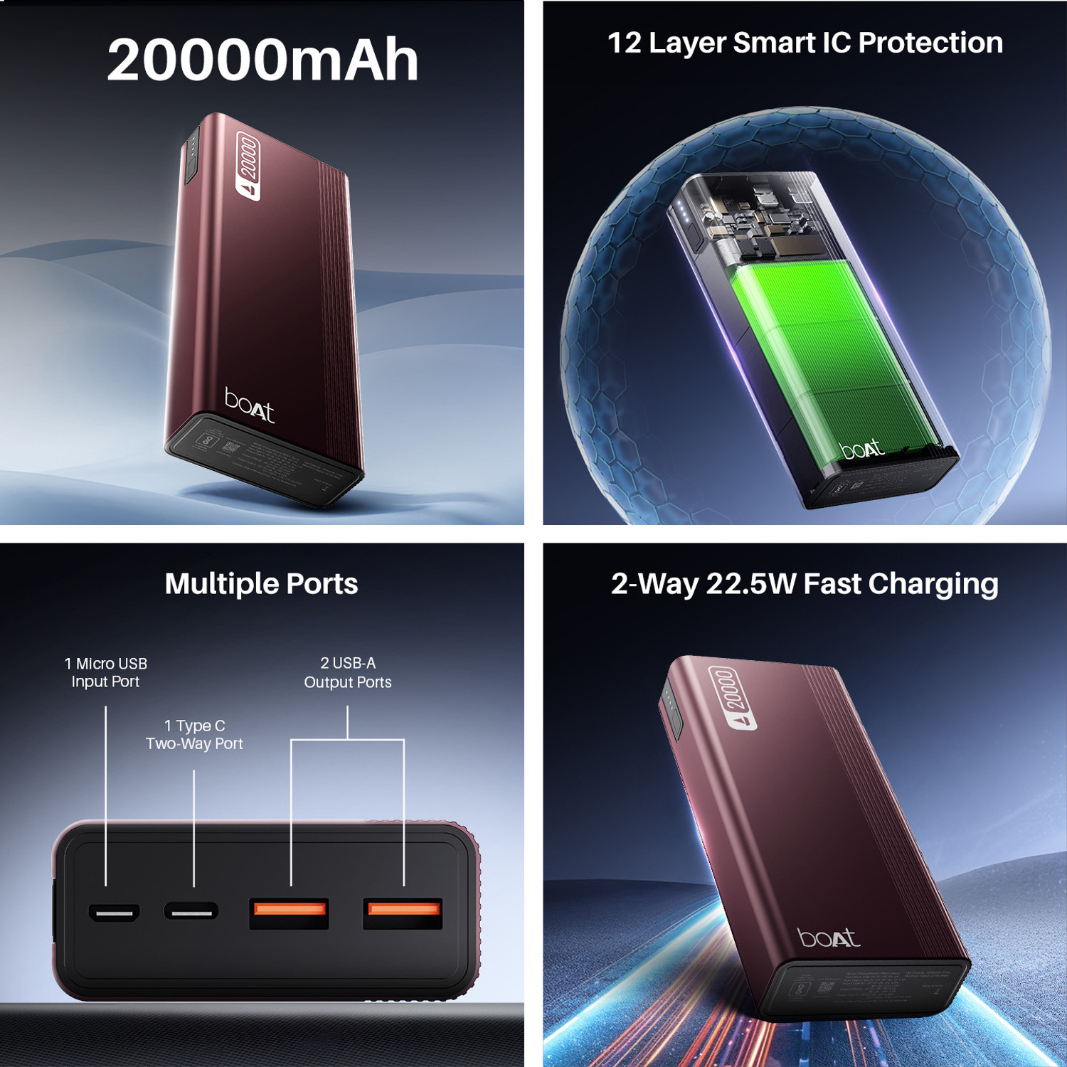 Image of boAt 20000 mAh 22.5 W Compact Power Bank (Wine Red, Lithium-ion, Fast Charging, Quick Charge 3.0 for Mobile, Tablet, Earbuds)