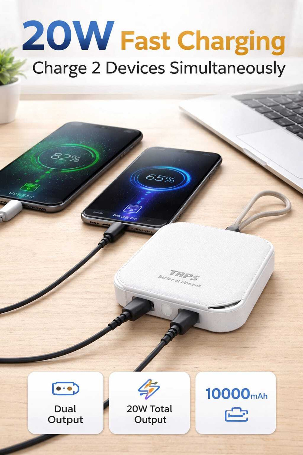 Image of TRPS 10000 mAh 22 W Mini Pocket Size Power Bank (White, Lithium-ion, Fast Charging for Mobile)