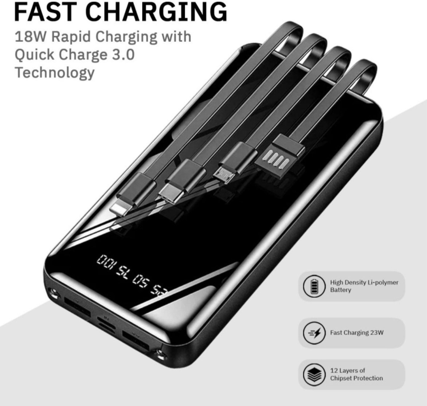 Image of AMYTEL 10000 mAh Compact Pocket Size Power Bank (Black, Lithium Polymer, Power Delivery 2.0, Quick Charge 2.0 for Mobile, Tablet, Smartband, Speaker)