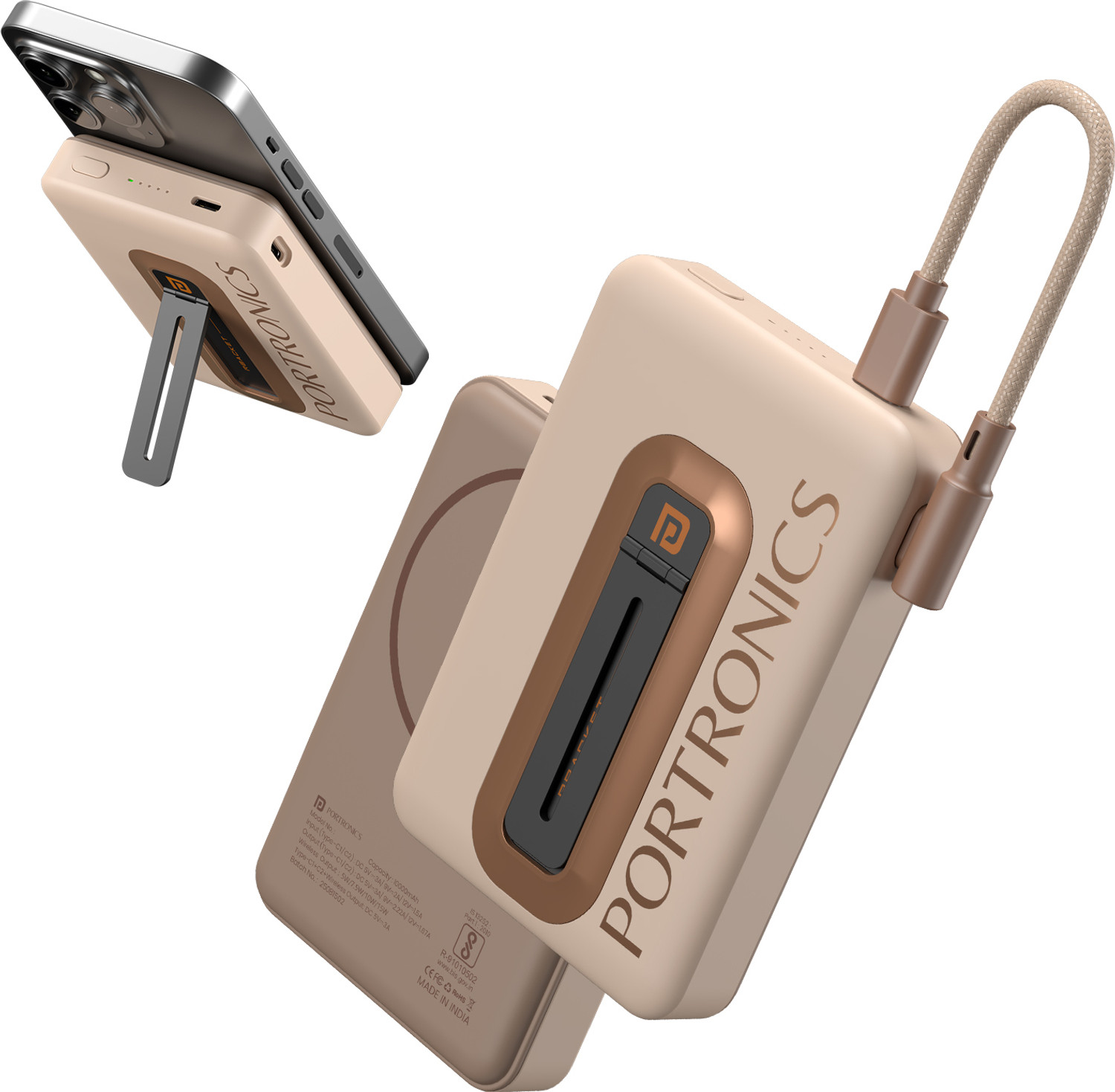 Portronics 10000mAh 20W Wireless Power Bank Mocha - Image 1