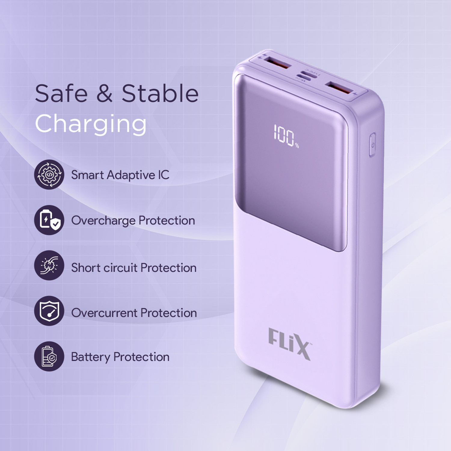 Image of flix 20000 mAh Power Bank (Purple, Lithium Polymer, for Mobile, Tablet, Speaker, Smartwatch, Earbuds)