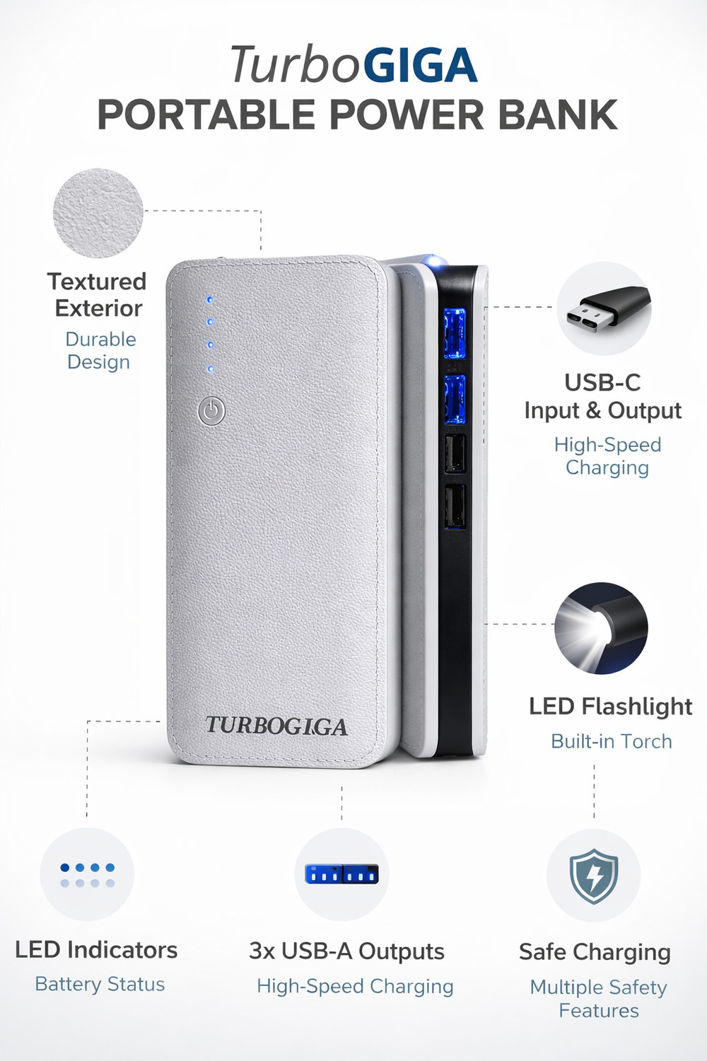 Image of TURBOGIGA 22000 mAh 10 W Compact Pocket Size Power Bank (Black, Lithium-ion, Fast Charging for Earbuds, Mobile, Smartwatch, Smartband, Tablet, Trimmer)