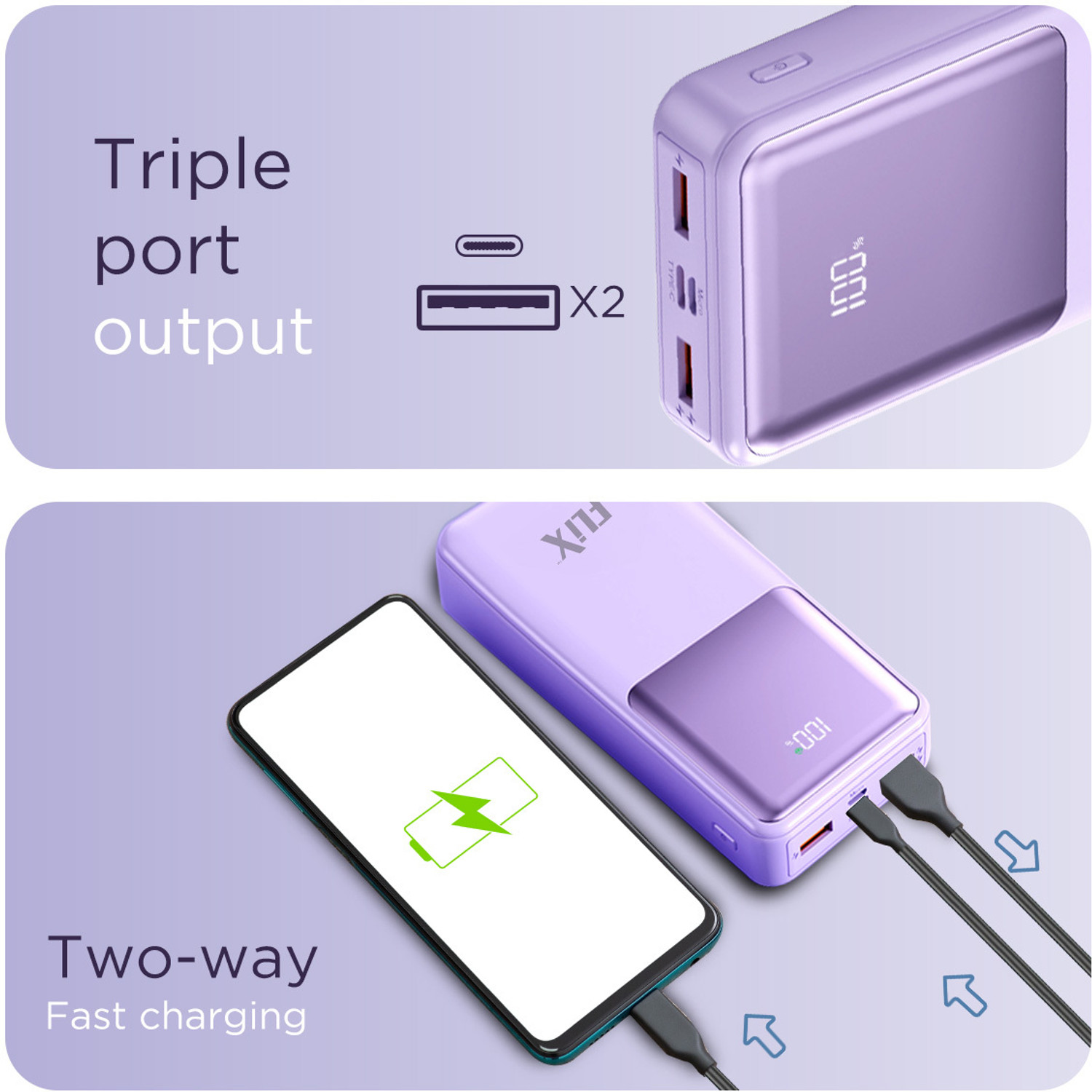 Image of flix 20000 mAh Power Bank (Purple, Lithium Polymer, for Mobile, Tablet, Speaker, Smartwatch, Earbuds)