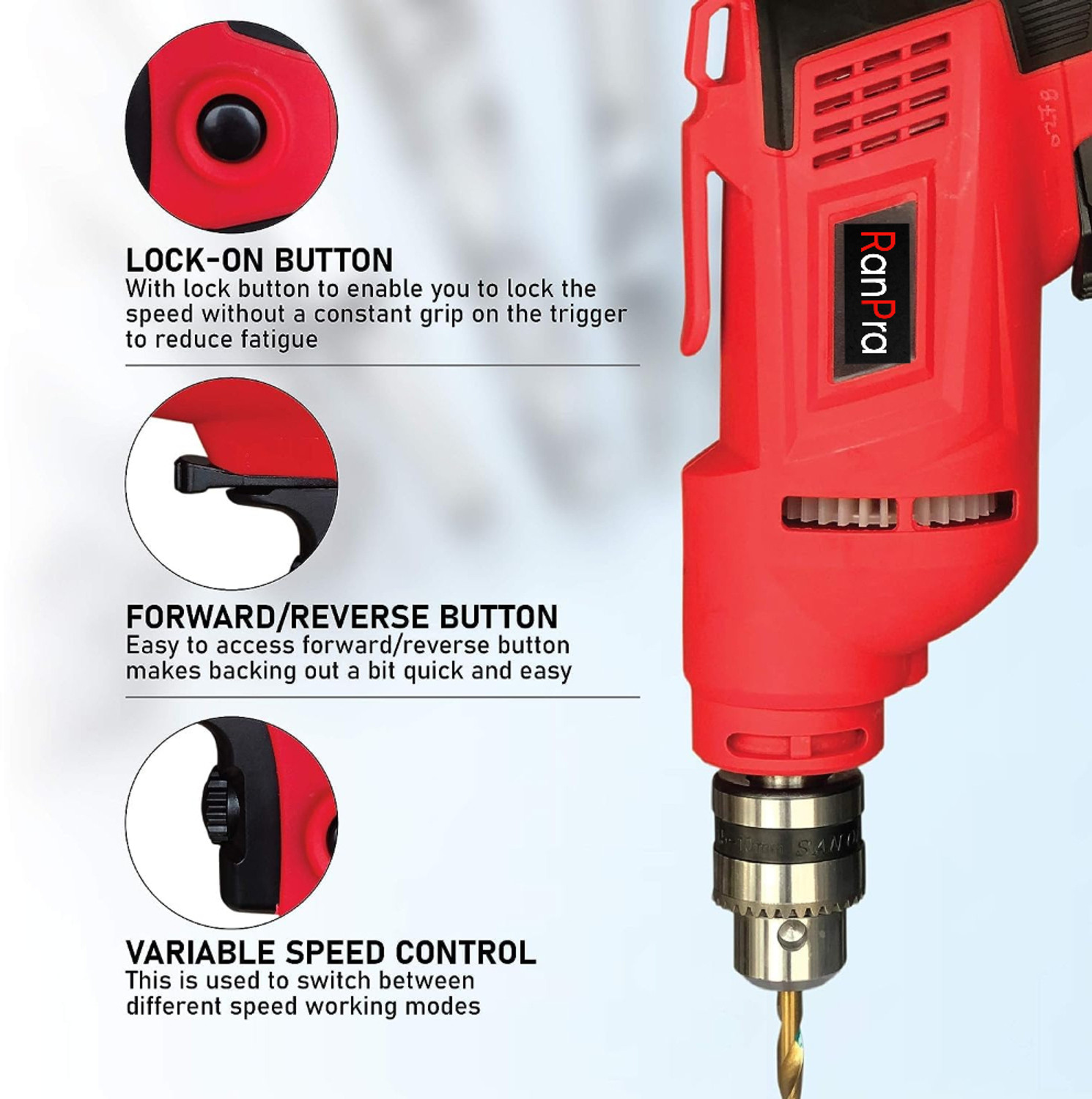 Image of RanPra 100% COPPER ARMETURE HEAVY DUTY DRILL MACHINE WITH 13PCS BIT & SAFETY GLOVES 5pcs Drill bits and 4useable Blades and 4inch Angle Grinder Hammer Drill (12 mm Chuck Size, 650 W)