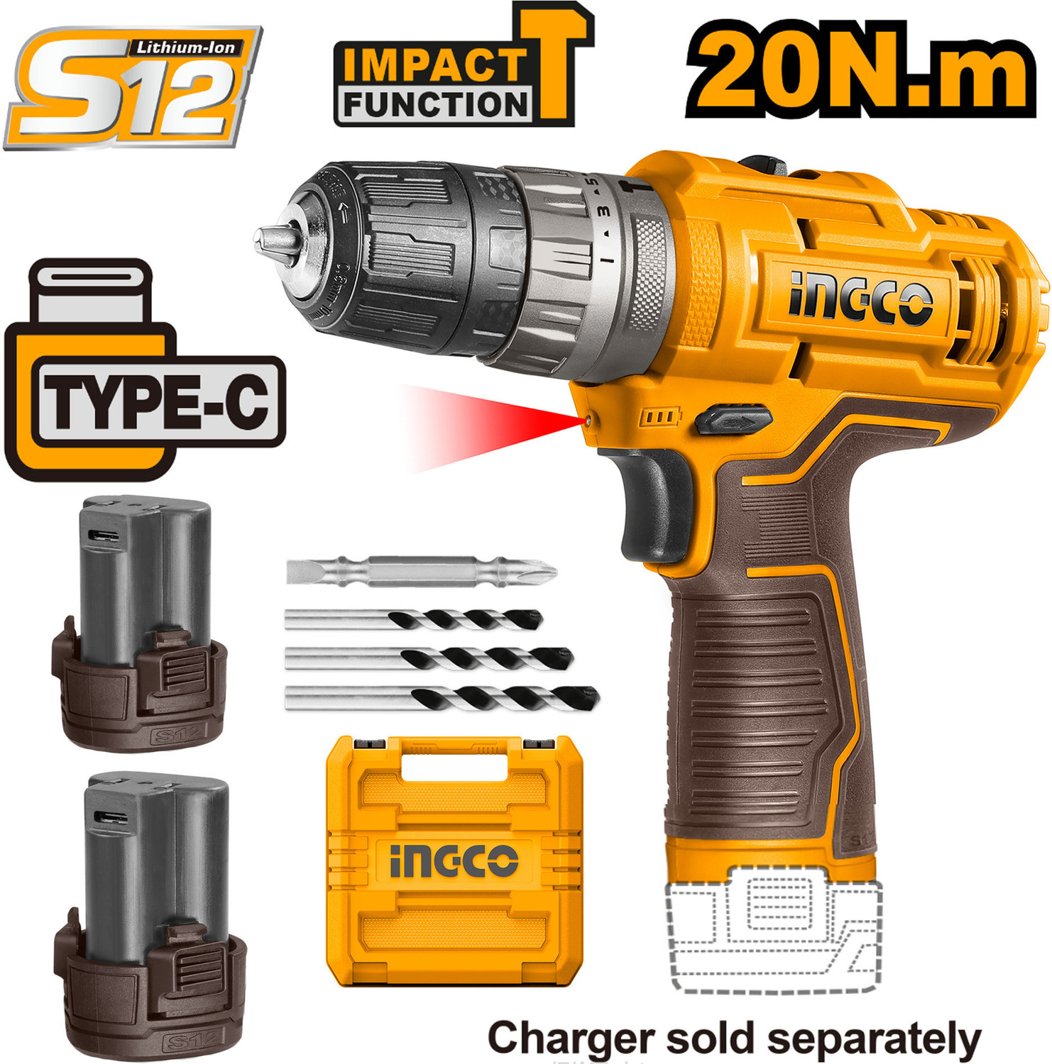 Image of INGCO Cordless Drill Machine 20 N.M torque 2pcs 1.5 Ah Batteries 12V 15+1 Variable Speed, LED Cordless Drill (10 mm Chuck Size)