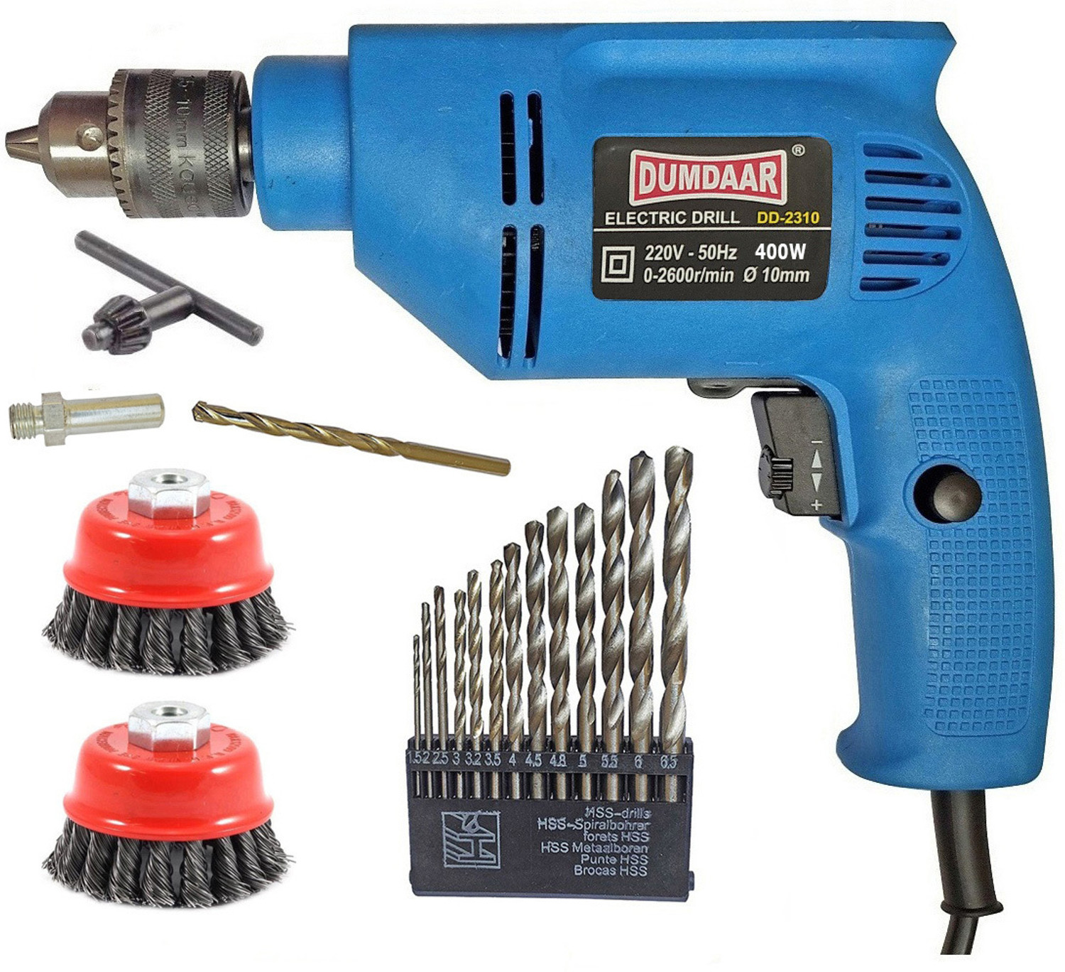 DUMDAAR 10mm Reversible Drill machine 400w with 2pc Twisted Cup brush 3inch 1pc Bolt 1pc Masonry 13pc HSS bit (Pack of 6) Pistol Grip Drill