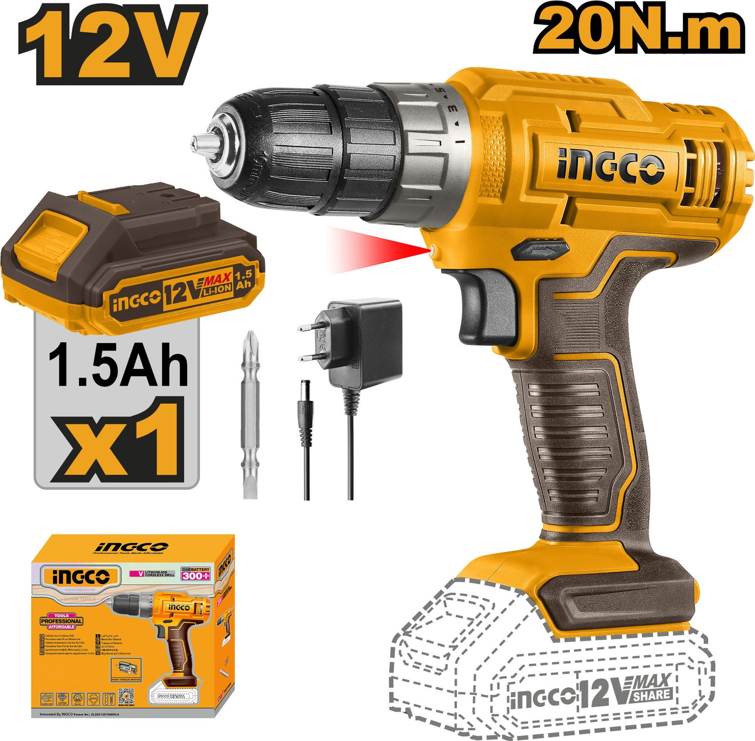 Image of Tomahawk |1.5Ah Battery x1, 35Nm Torque, 2-Speed| TCD-20A-2B-2Ah Cordless Drill (10 mm Chuck Size)