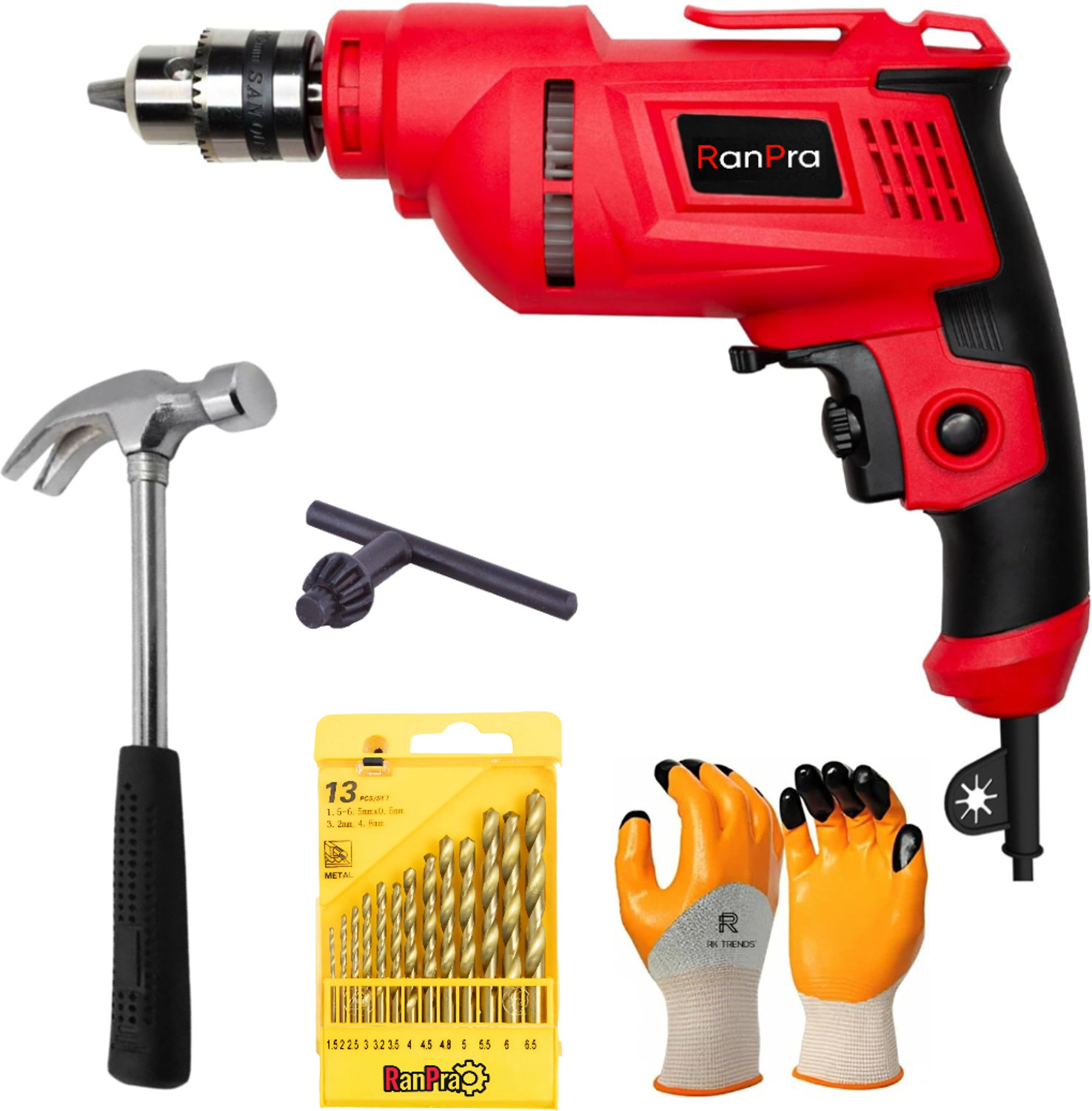 Image of RanPra 100% COPPER ARMETURE HEAVY DUTY DRILL MACHINE WITH 13PCS BIT & SAFETY GLOVES 5pcs Drill bits and 4useable Blades and 4inch Angle Grinder Hammer Drill (12 mm Chuck Size, 650 W)