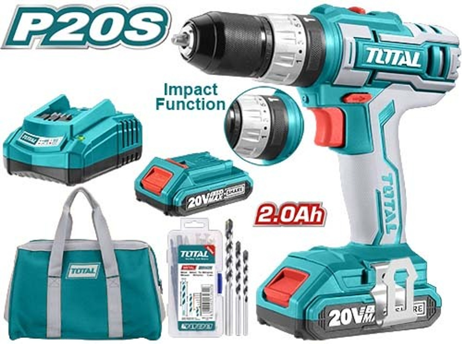TOTAL 20V 45Nm 10mm Lithium-Ion Cordless impact drill With 2 Set Battery & Charger | 50 Pcs Accessories | Power Indicator | Worklight |TIDLI2002 Cordless Drill