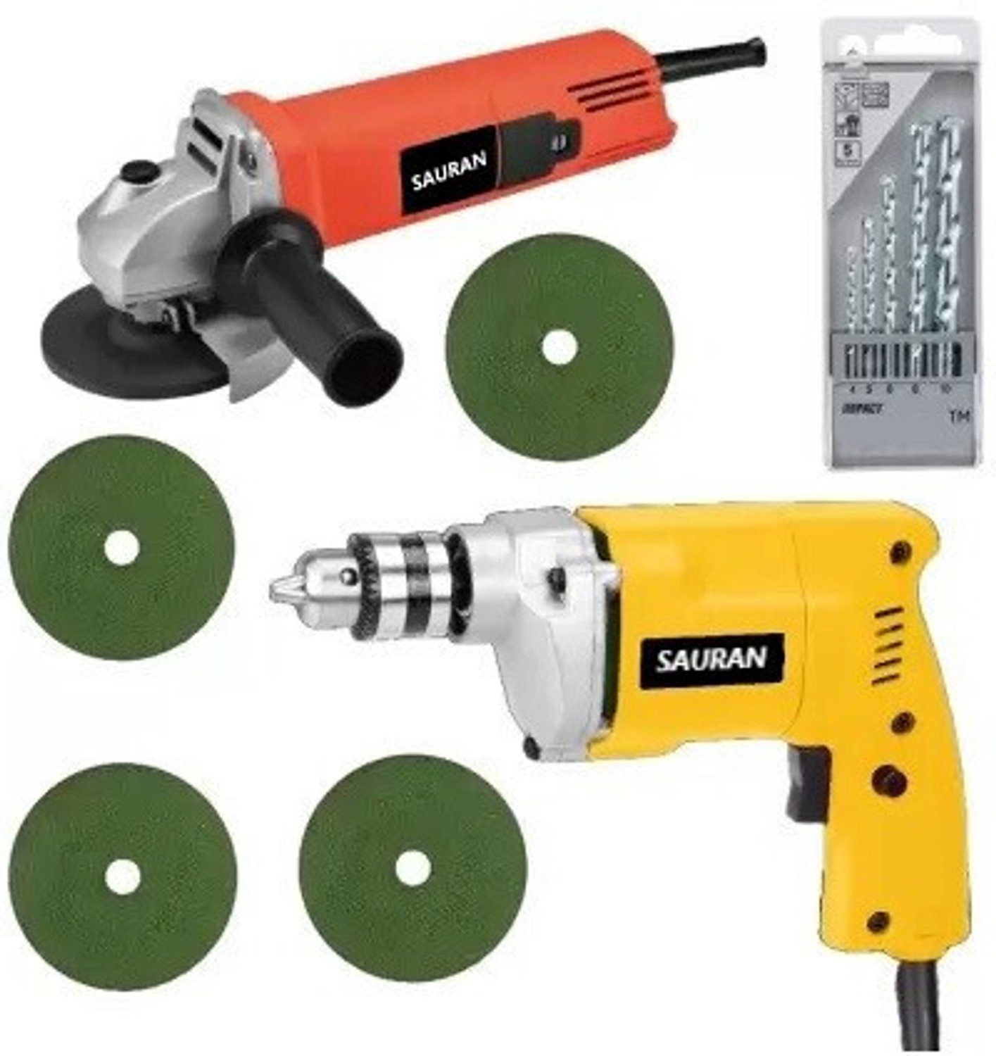 Sauran 10MM DRILL MACHINE WITH 5PCS DRILL BITS & ANGLE GRINDER WITH 4 CUTTING BLADES Pistol Grip Drill