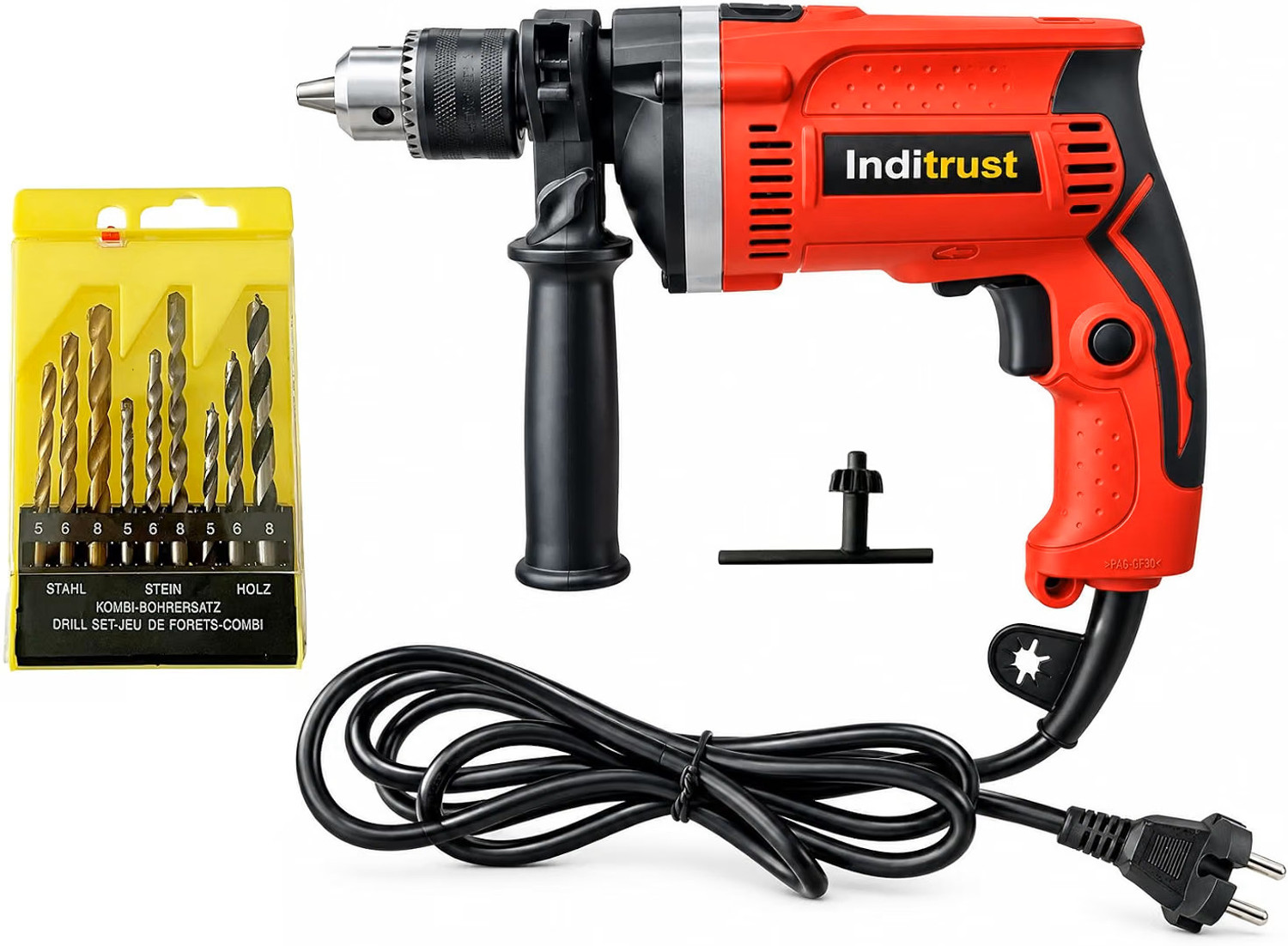 Inditrust Forward/Reverse | Copper Armature | 9pc Drill Bits | 6-Month Warranty 800W Impact Drill IMP | 13mm Chuck | 2800 RPM | 2-Mode Hammer & Drill Angle Drill