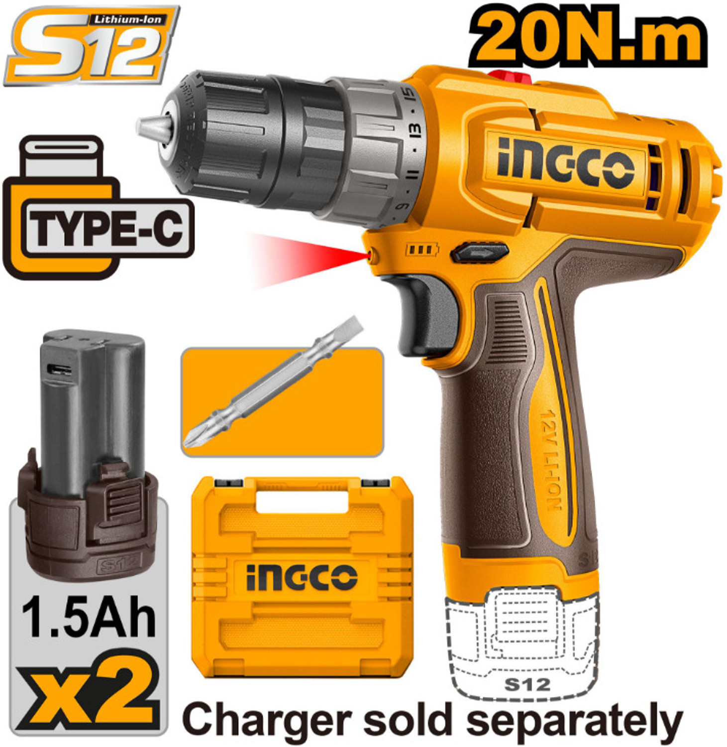 Image of INGCO Cordless Drill Machine 20 N.M torque 2pcs 1.5 Ah Batteries 12V 15+1 Variable Speed, LED Cordless Drill (10 mm Chuck Size)