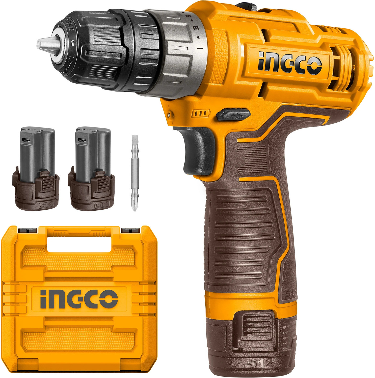 Image of INGCO Cordless Drill Machine 20 N.M torque 2pcs 1.5 Ah Batteries 12V 15+1 Variable Speed, LED Cordless Drill (10 mm Chuck Size)