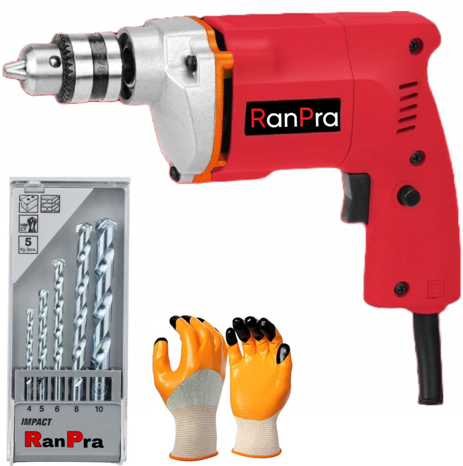 RanPra 100% COPPER ARMATURE 10 MM DRILL MACHINE | 5PCS DRILL BIT SET| SAFETY GLOVES Pistol Grip Drill