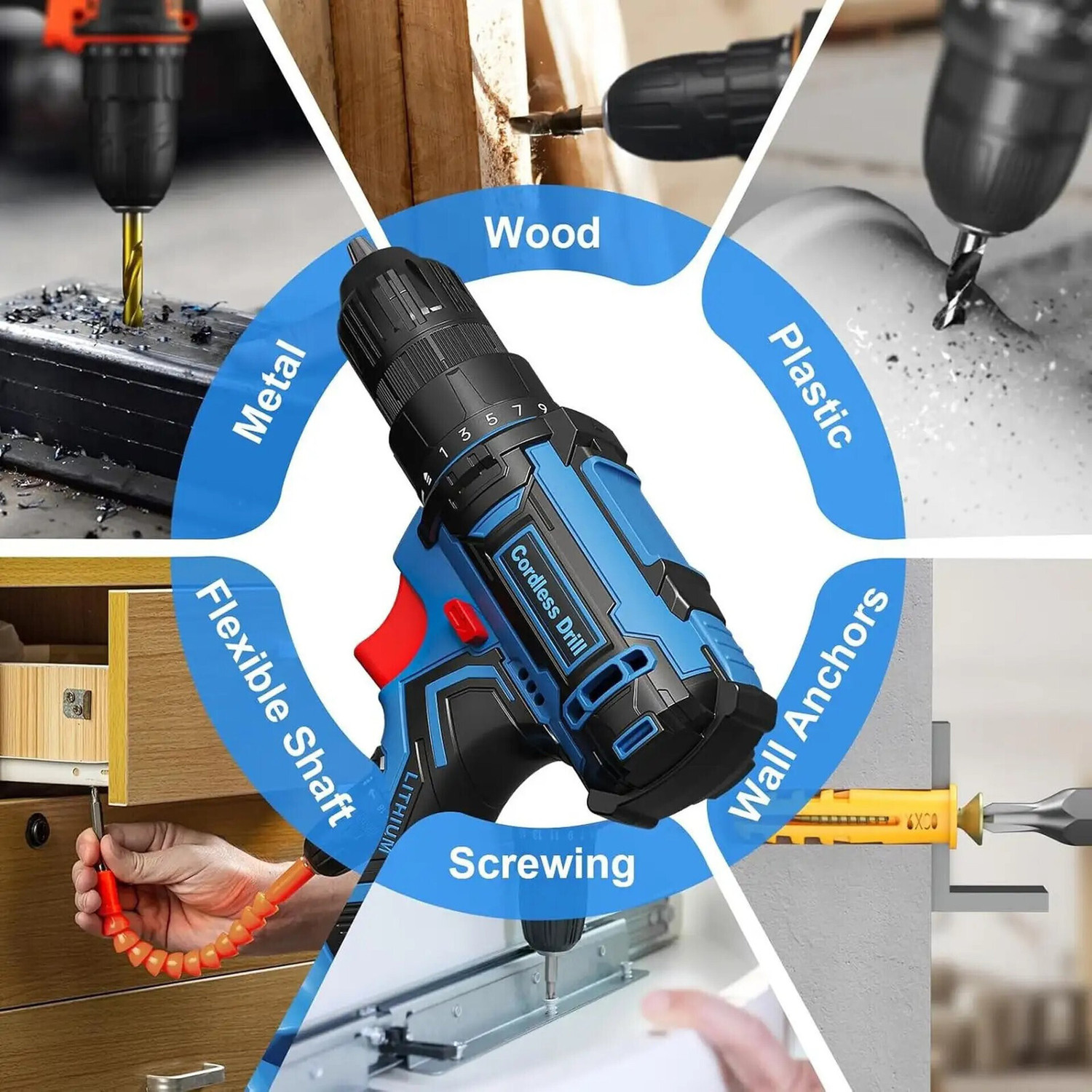 Image of NUVIO DOUBLE BATTERY Cordless Drill Set 48V Electric Drill Machine Kit Electric Drill Driver Dual Speed Keyless Chuck LED Multi Bits Kit Cordless Drill (10 mm Chuck Size)