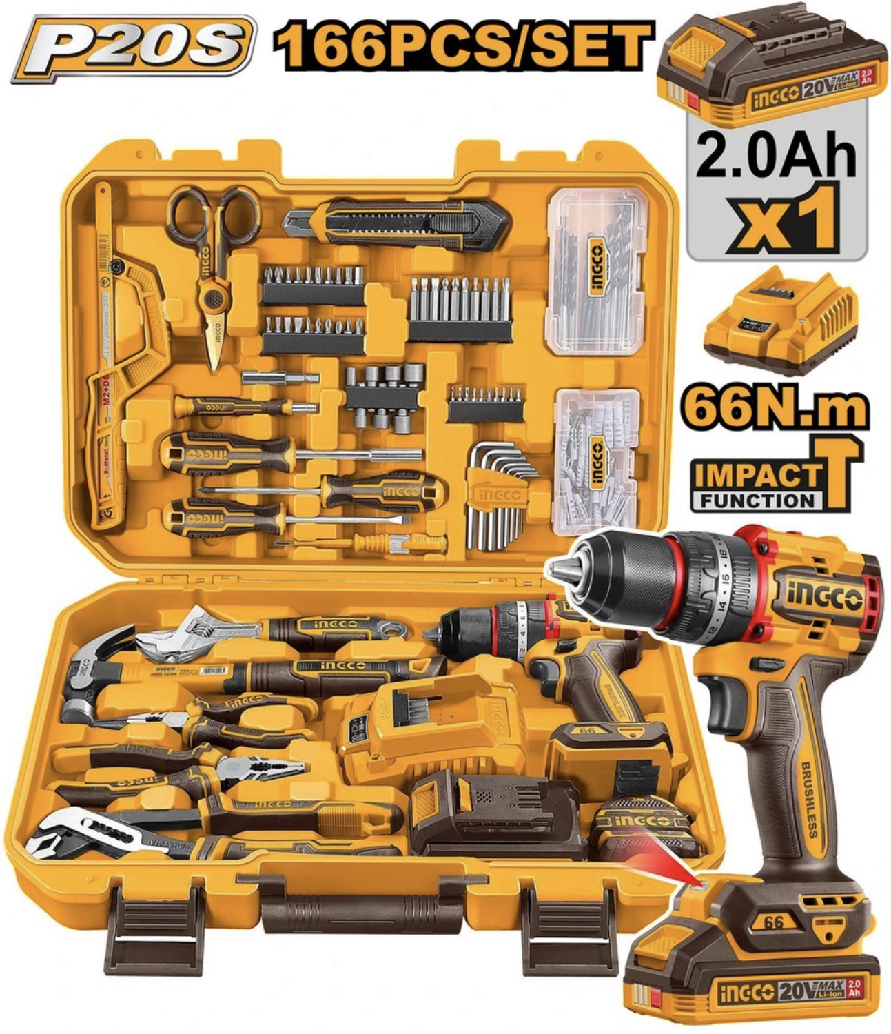 INGCO HKTPH41662 20V 66NM Impact Drill Kit - Image 1