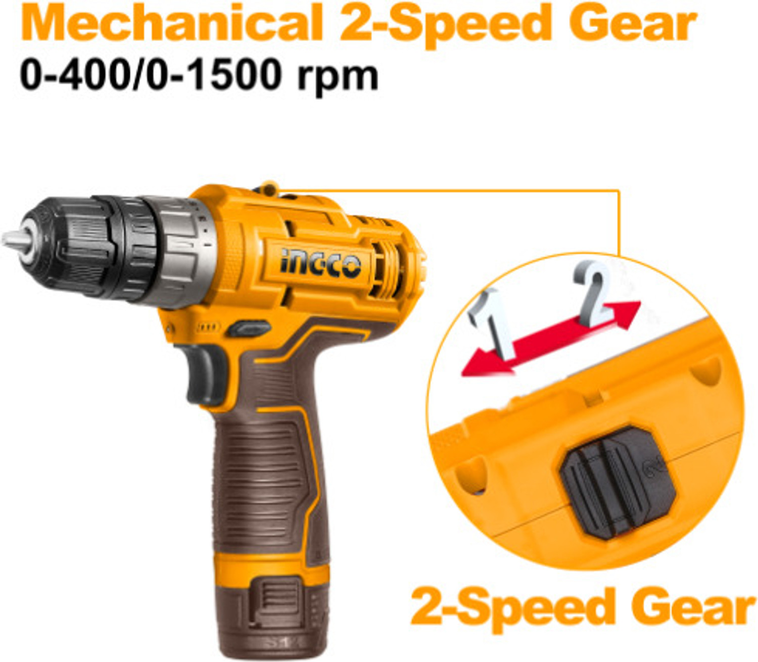 Image of INGCO Cordless Drill Machine 20 N.M torque 2pcs 1.5 Ah Batteries 12V 15+1 Variable Speed, LED Cordless Drill (10 mm Chuck Size)
