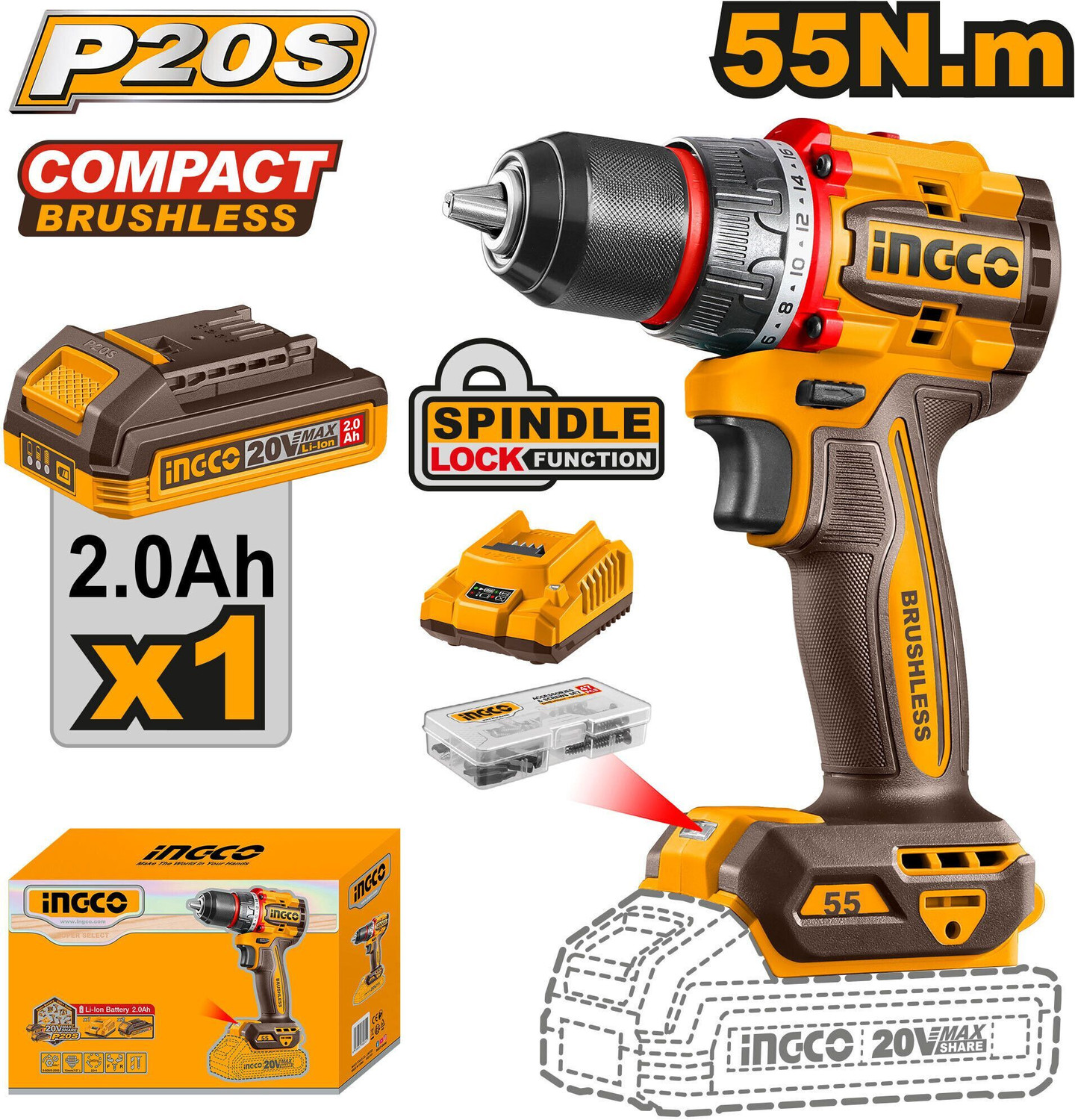 Image of INGCO Cordless Drill Machine 20 N.M torque 2pcs 1.5 Ah Batteries 12V 15+1 Variable Speed, LED Cordless Drill (10 mm Chuck Size)