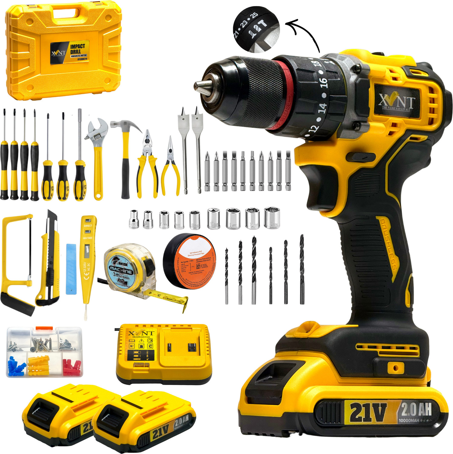 XLNT 21V Cordless Brushless Impact Drill Kit 2×2.0Ah - Image 1