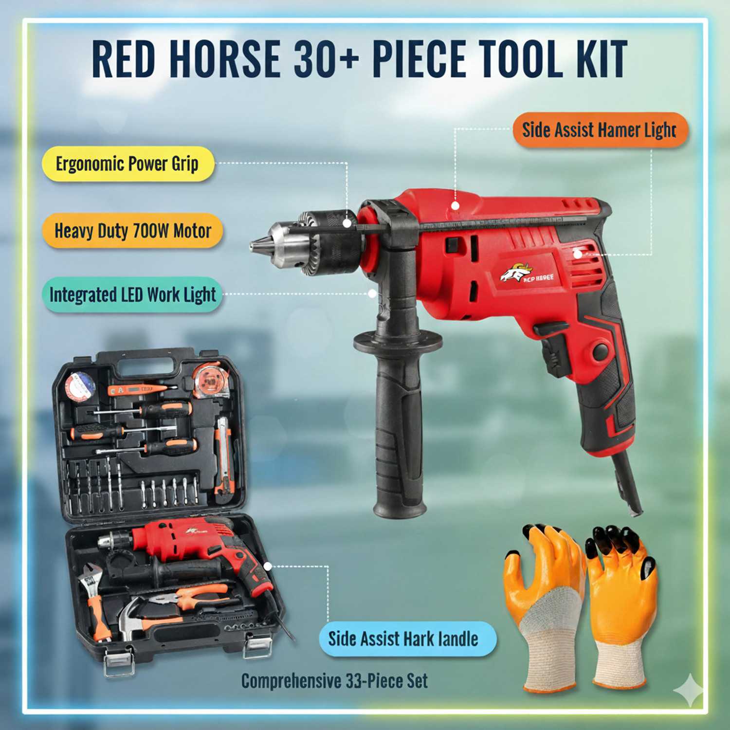 Image of RanPra COMBO OF 33PCS TOOL KIT WITH HAMMER AND ANGLE GRINDER | 13MM DRILL 5pcs Drill bits and 4useable Blades and 4inch Angle Grinder Hammer Drill (14 mm Chuck Size, 650 W)