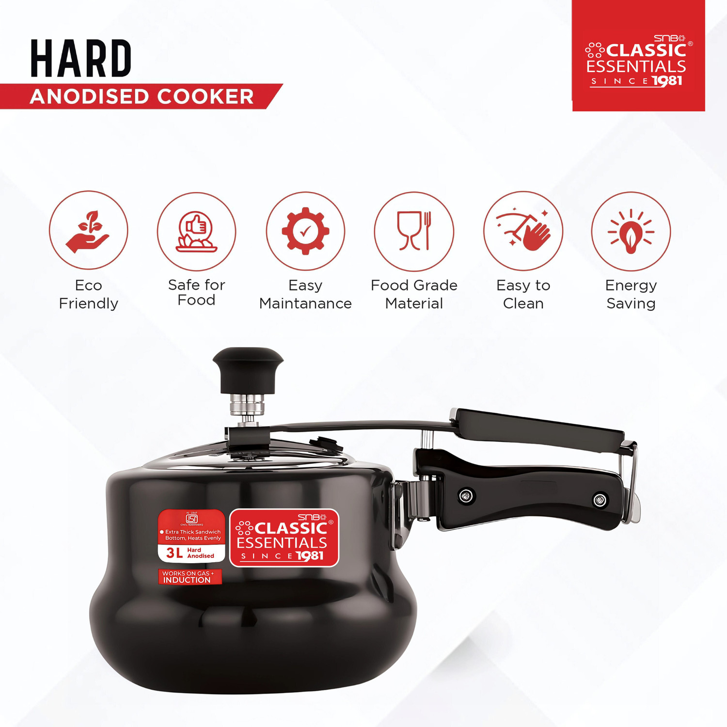 Image of Classic Essentials Hard Anodised Handi Shape Cooker | ISI Certified Inner Lid HA Pressure Cooker 2 L Induction Bottom Pressure Cooker (Aluminium)