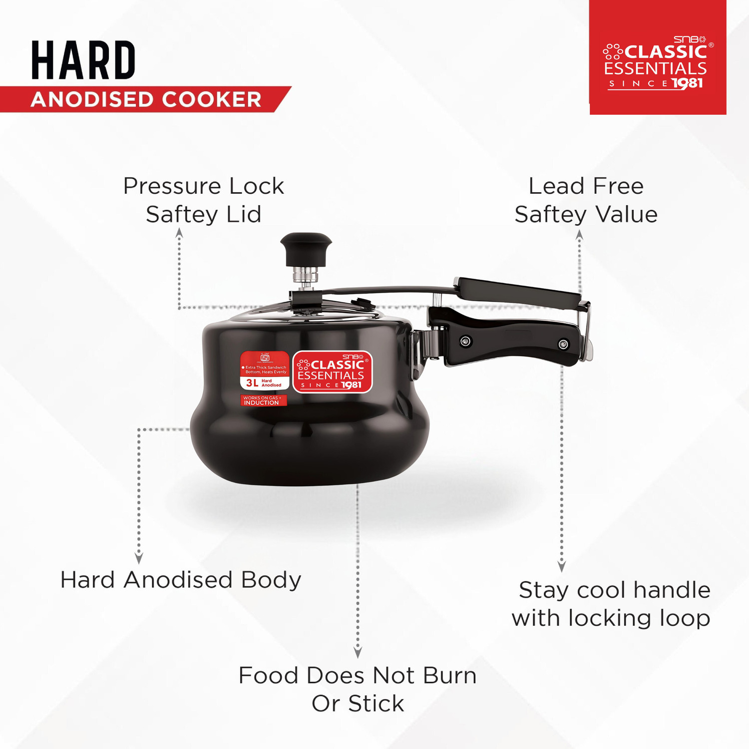 Image of Classic Essentials Hard Anodised Handi Shape Cooker | ISI Certified Inner Lid HA Pressure Cooker 2 L Induction Bottom Pressure Cooker (Aluminium)